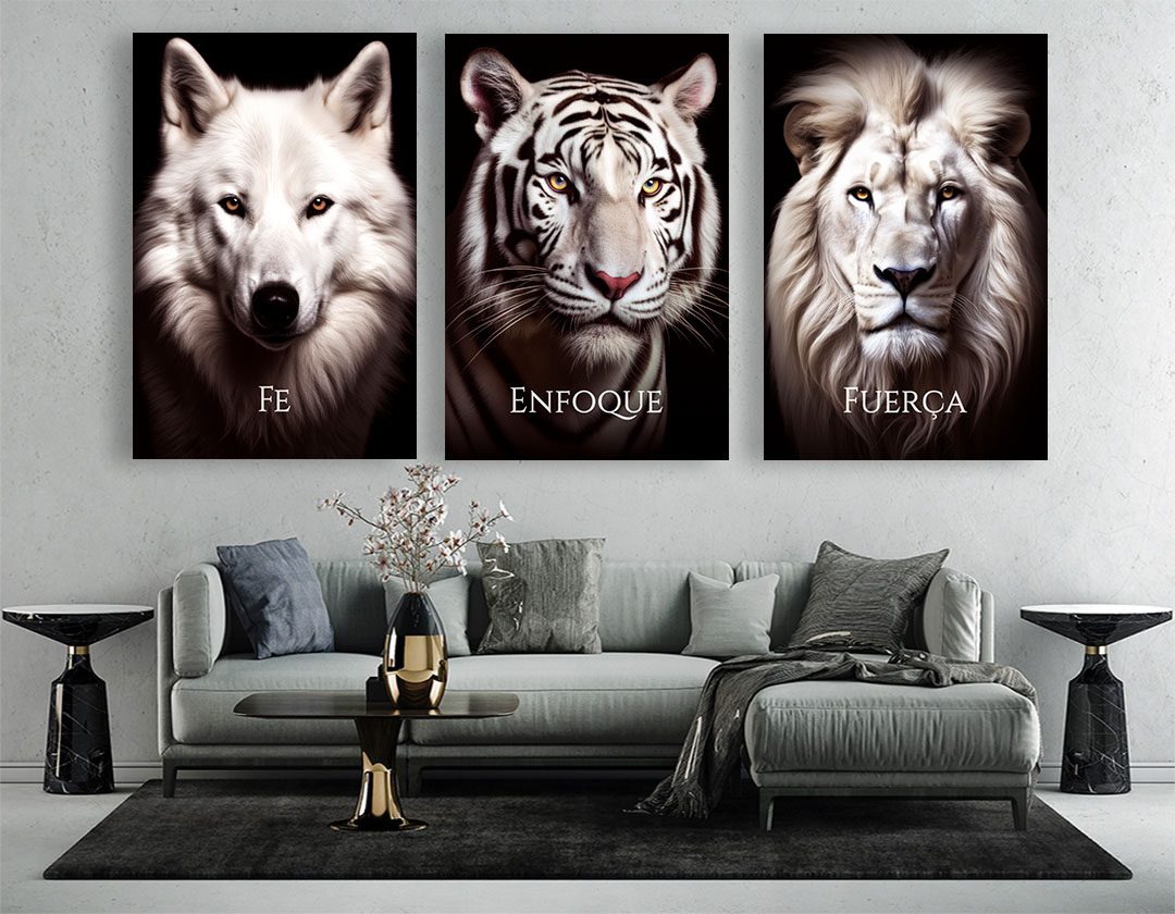 Set de 3 Cuadros Decorativos León, Tigre y Lobo – Fuerza, Enfoque, Fe 120 X 80