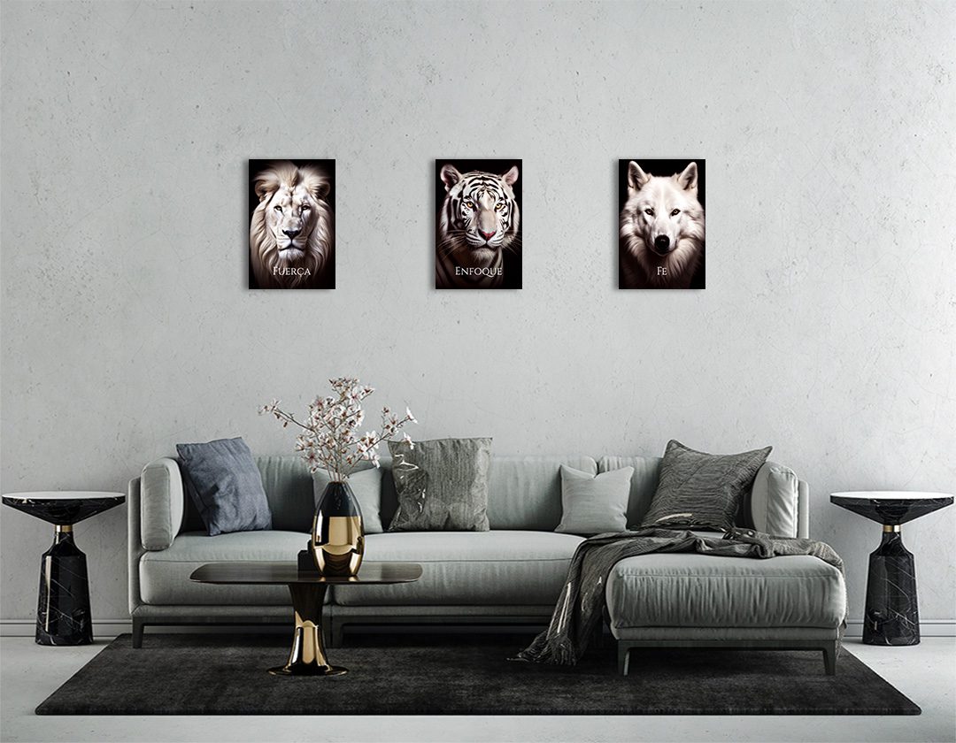 Set de 3 Cuadros Decorativos León, Tigre y Lobo – Fuerza, Enfoque, Fe 45 X 30