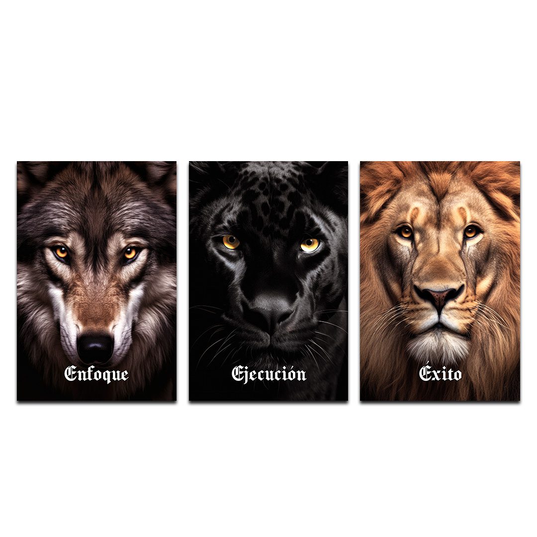 Set de 3 Cuadros Decorativos León, Pantera y Lobo – Enfoque, Ejecución, Éxito 45 X 30