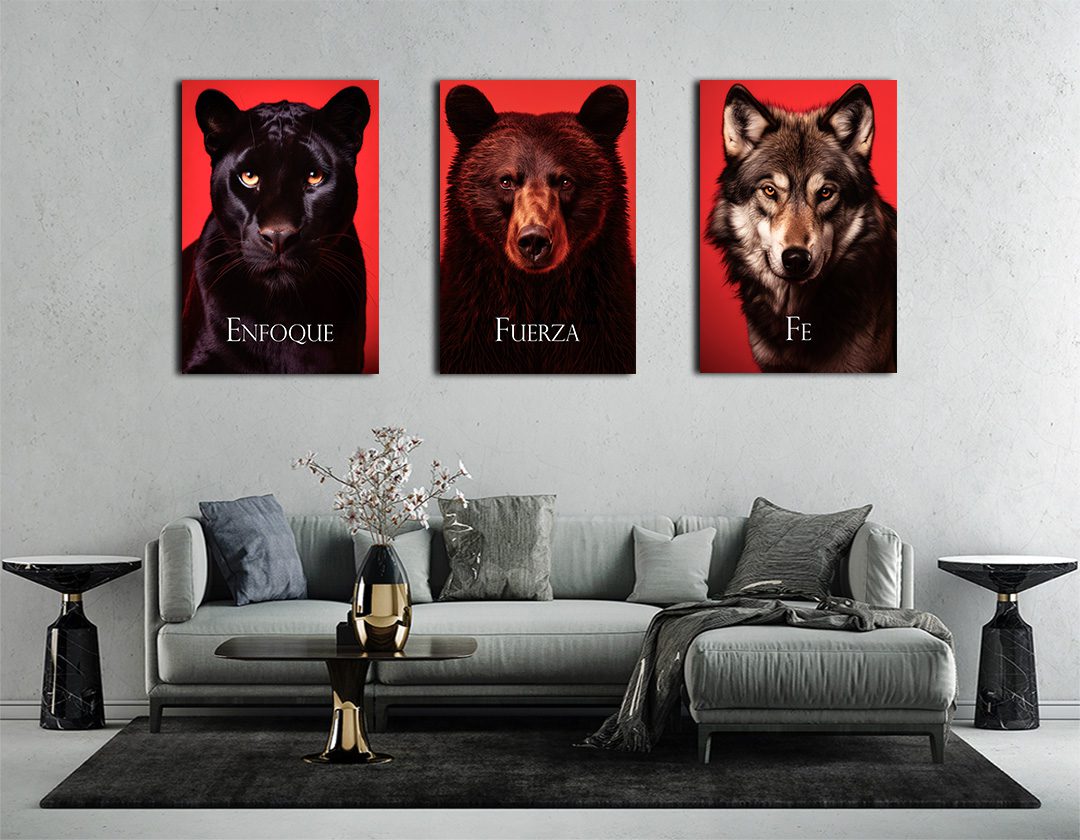 Set de 3 Cuadros Decorativos Pantera, Oso y Lobo - Enfoque, Fuerza , Fe 90 X 60