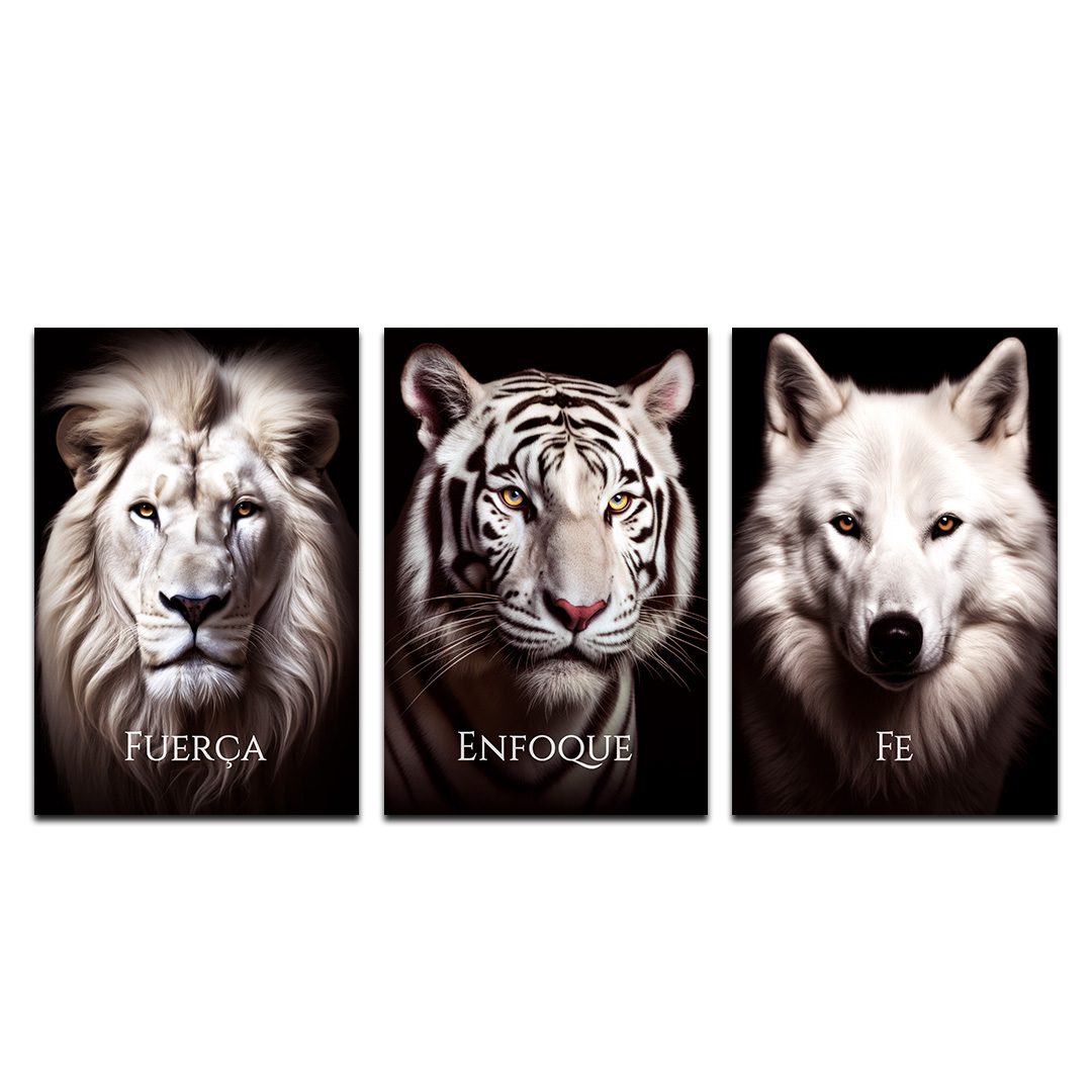 Set de 3 Cuadros Decorativos León, Tigre y Lobo – Fuerza, Enfoque, Fe 120 X 80