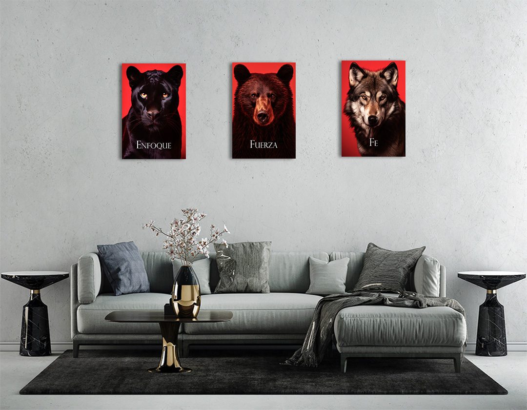 Set de 3 Cuadros Decorativos Pantera, Oso y Lobo - Enfoque, Fuerza , Fe 60 X 40