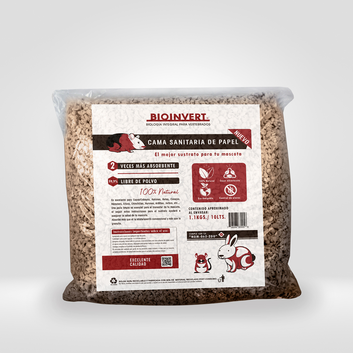 Bioinvert sustrato de papel kraft 1.1kg cama para mascotas papel biodegradable