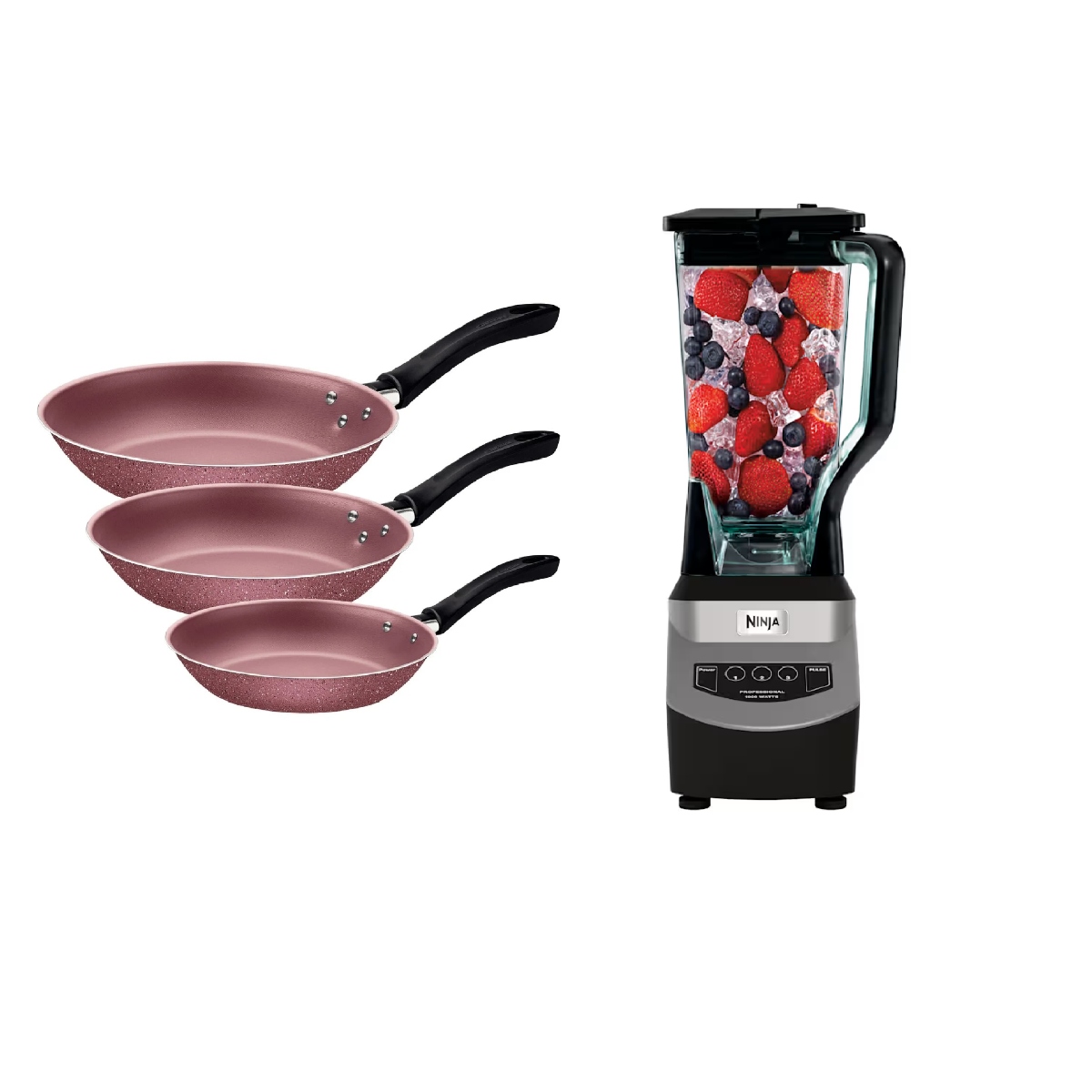 Combo Sartenes Tramontina Linz 3 Pzas Rosa Granito + Licuadora Profesional Ninja 1000W ENDY/SYP
