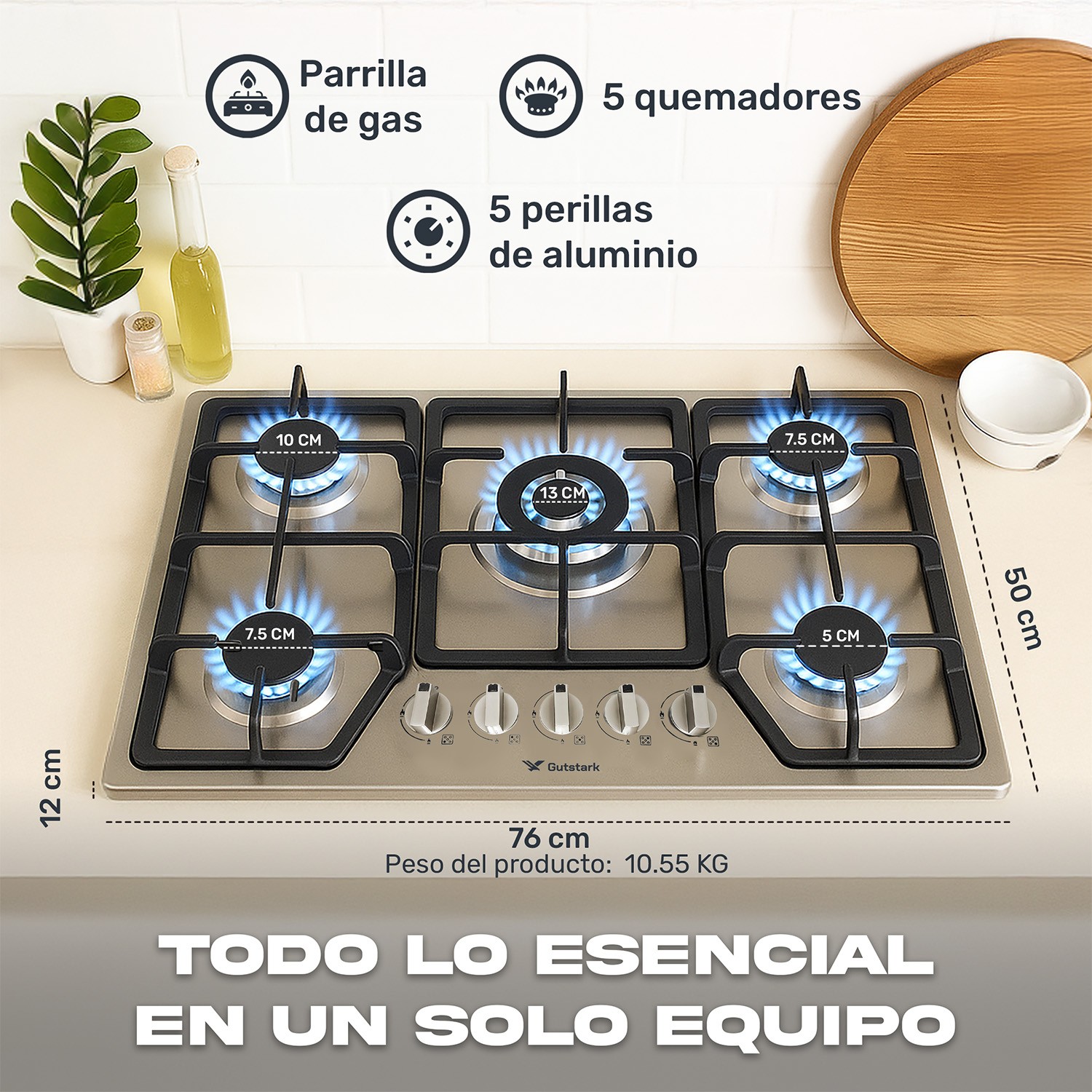 Parrilla Estufa de Gas 5 Quemadores Empotrable Acero Inoxidable Gutstark