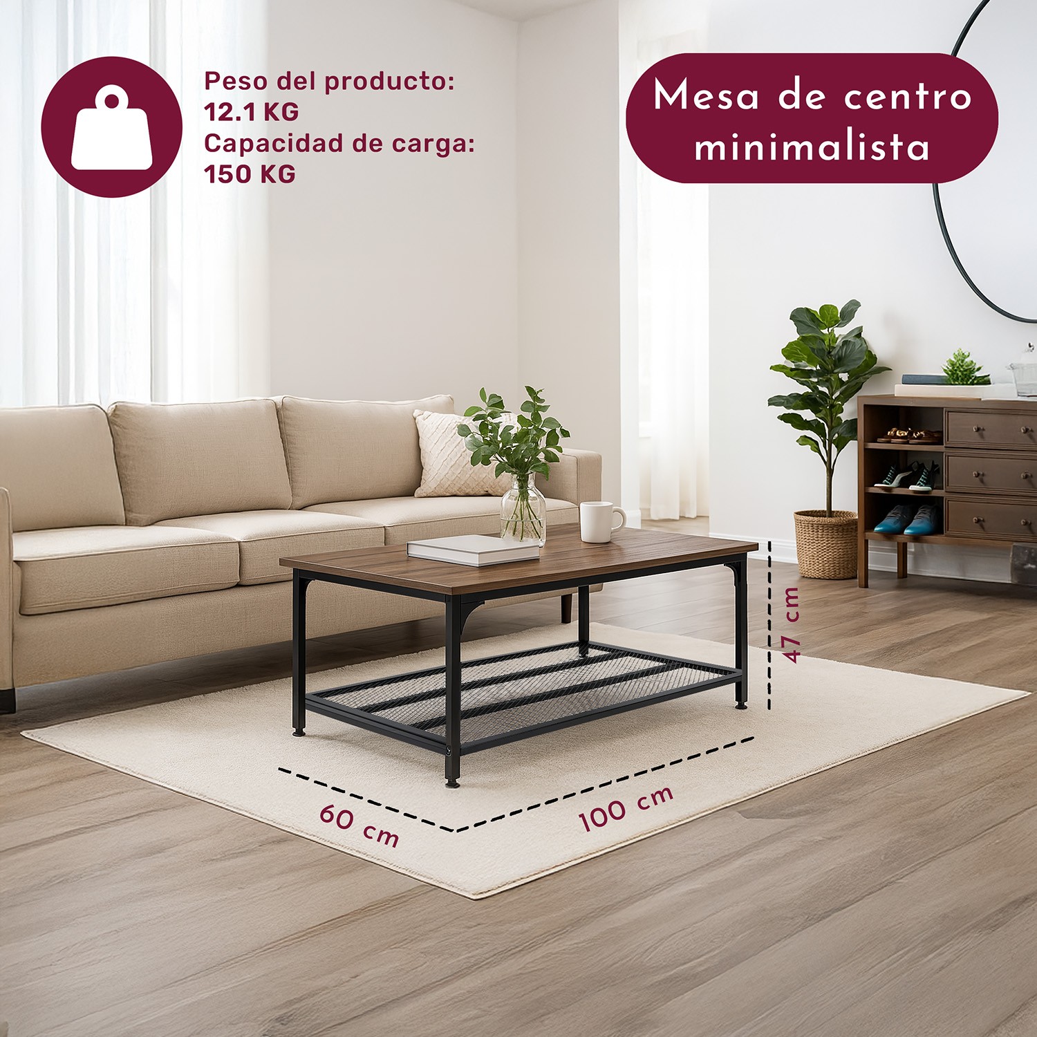 Mesa Centro Sala Minimalista Industrial Acero 100x60x47cm Houzer image number null