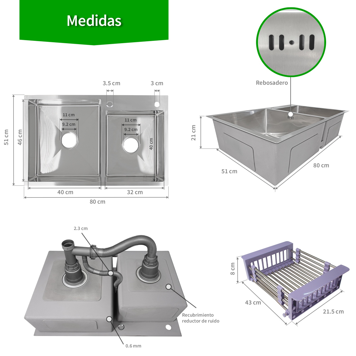Fregadero Acero Inoxidable 2 Tinas Anti-ruido + Escurridor Gutstark