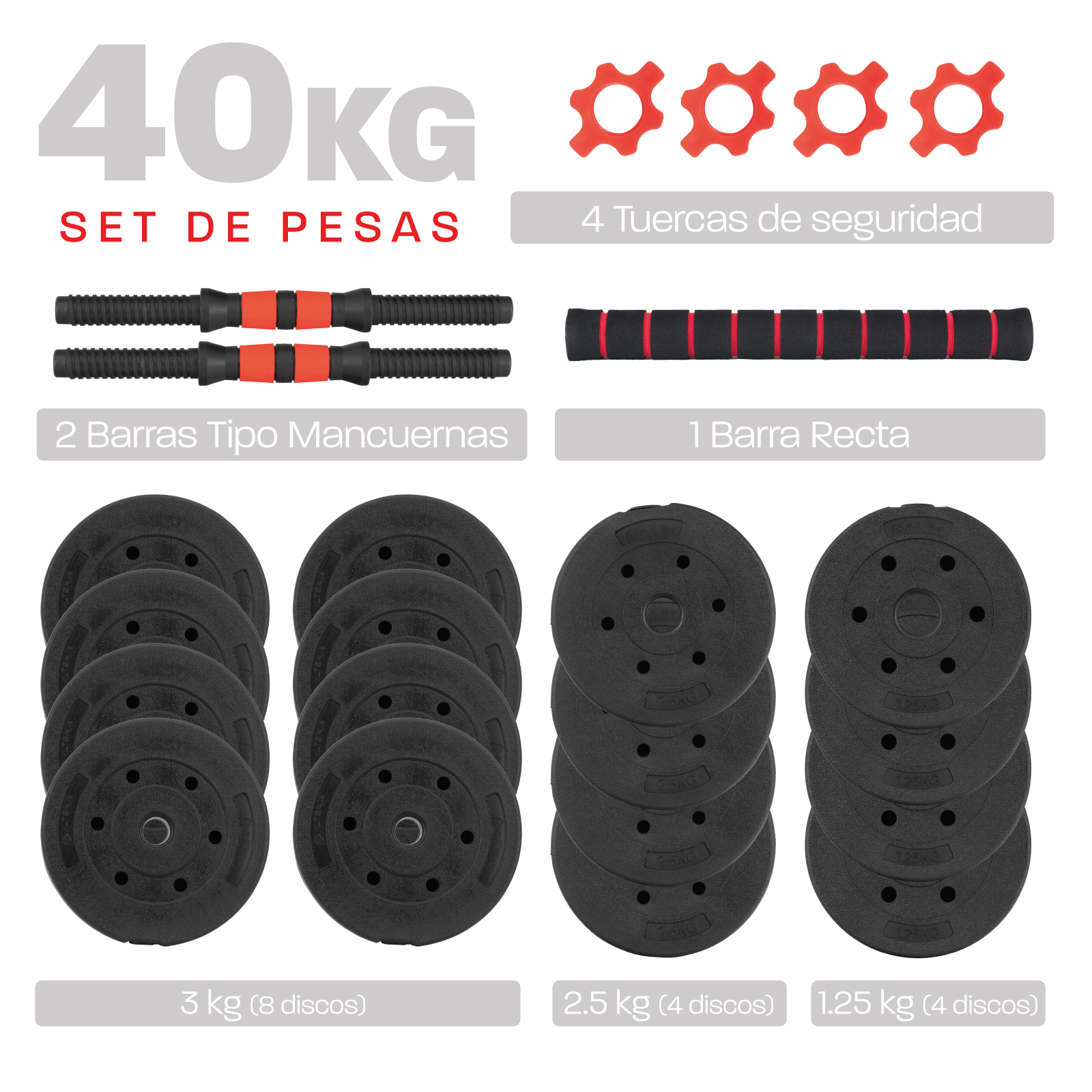 Set Mancuernas Altera Barra Ajustable Total 40kg Disco Pesas