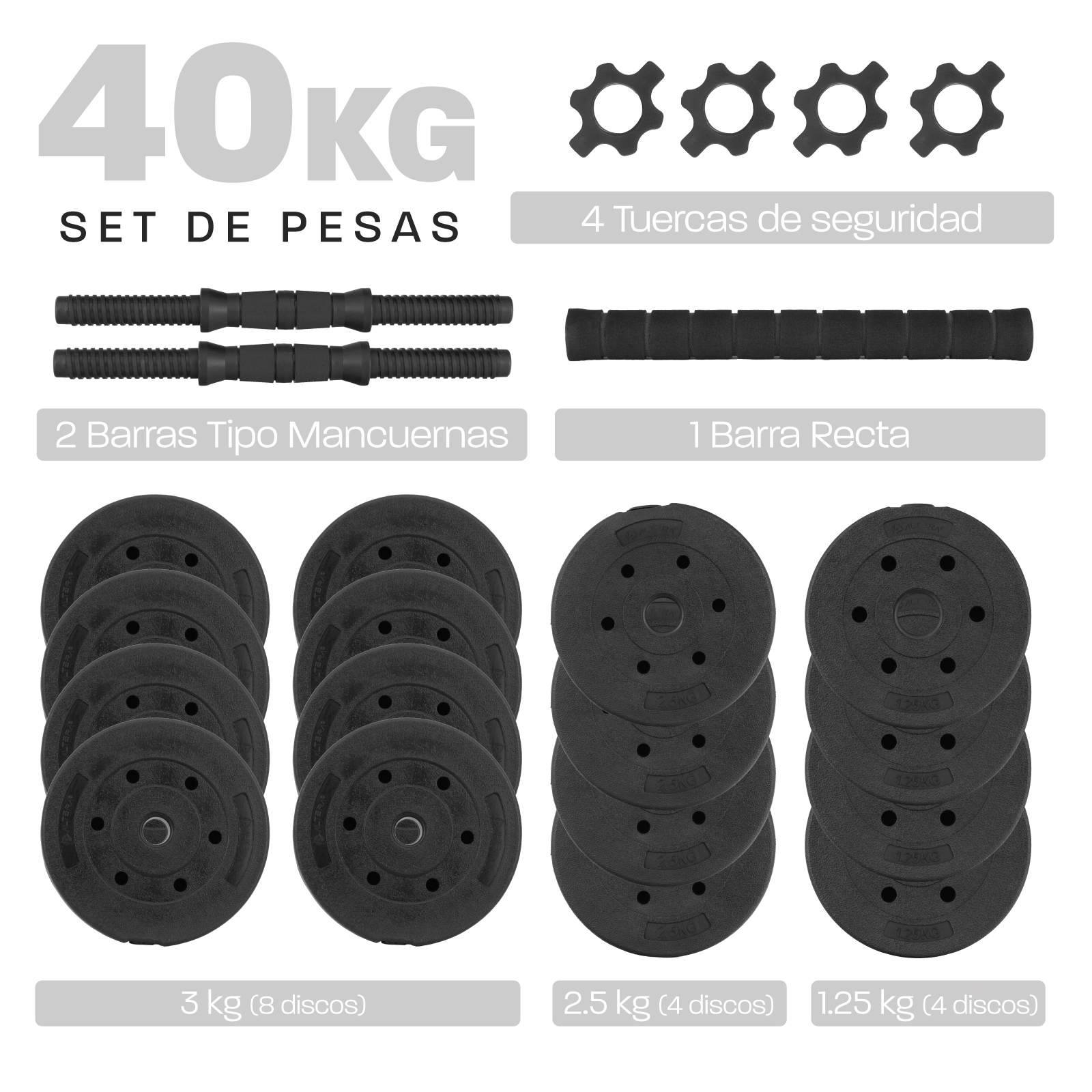 Set Mancuernas Altera Barra Ajustable Total 40kg Disco Pesas