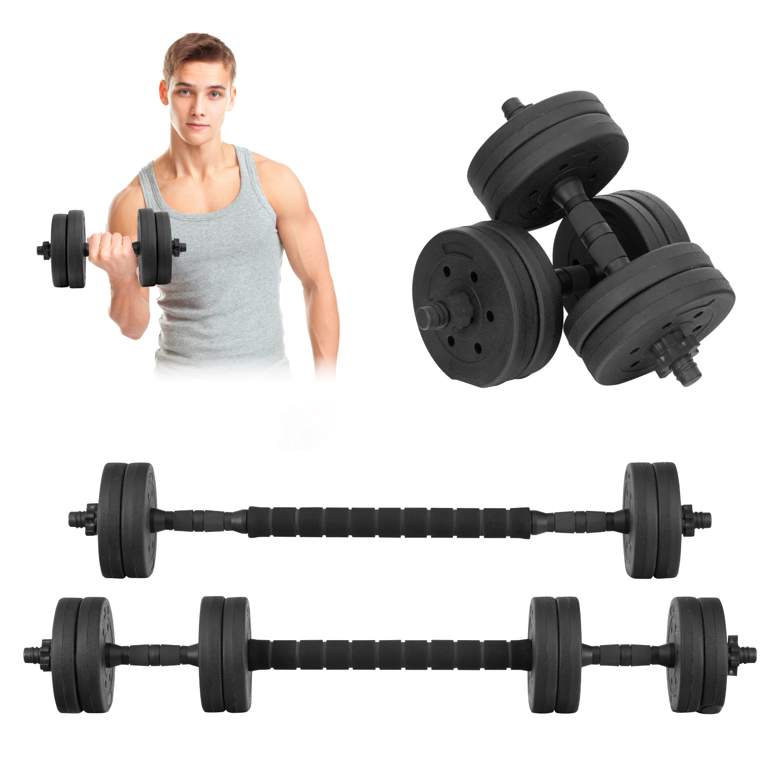 Set De Mancuernas Ajustables Barra Discos Pesas Ejercicio Color Negro
