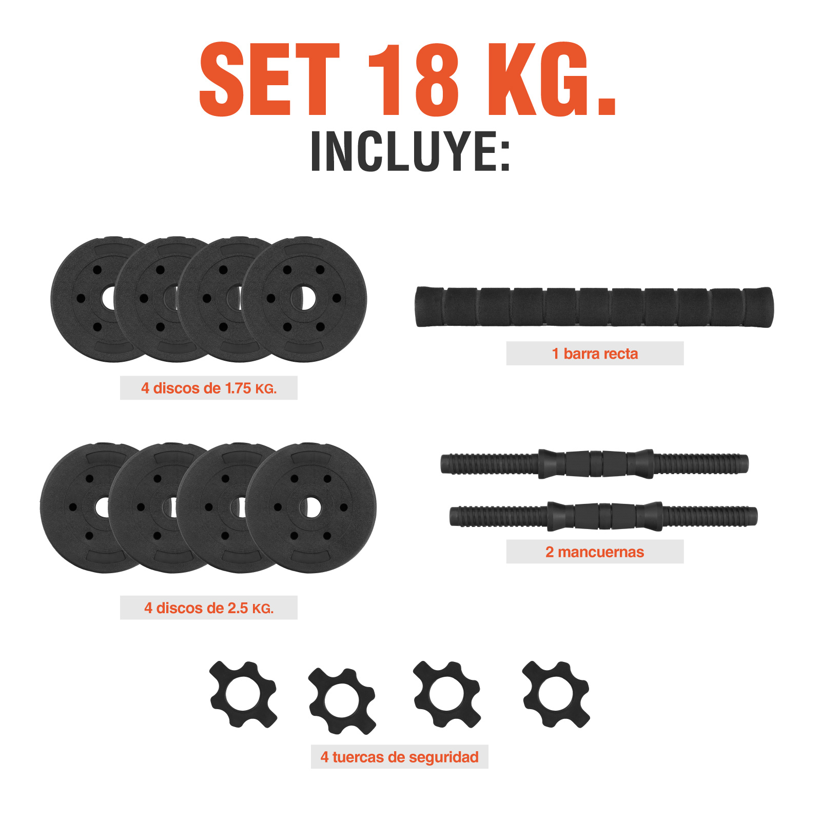 Set De Mancuernas Ajustables Barra Discos Pesas Ejercicio Color Negro