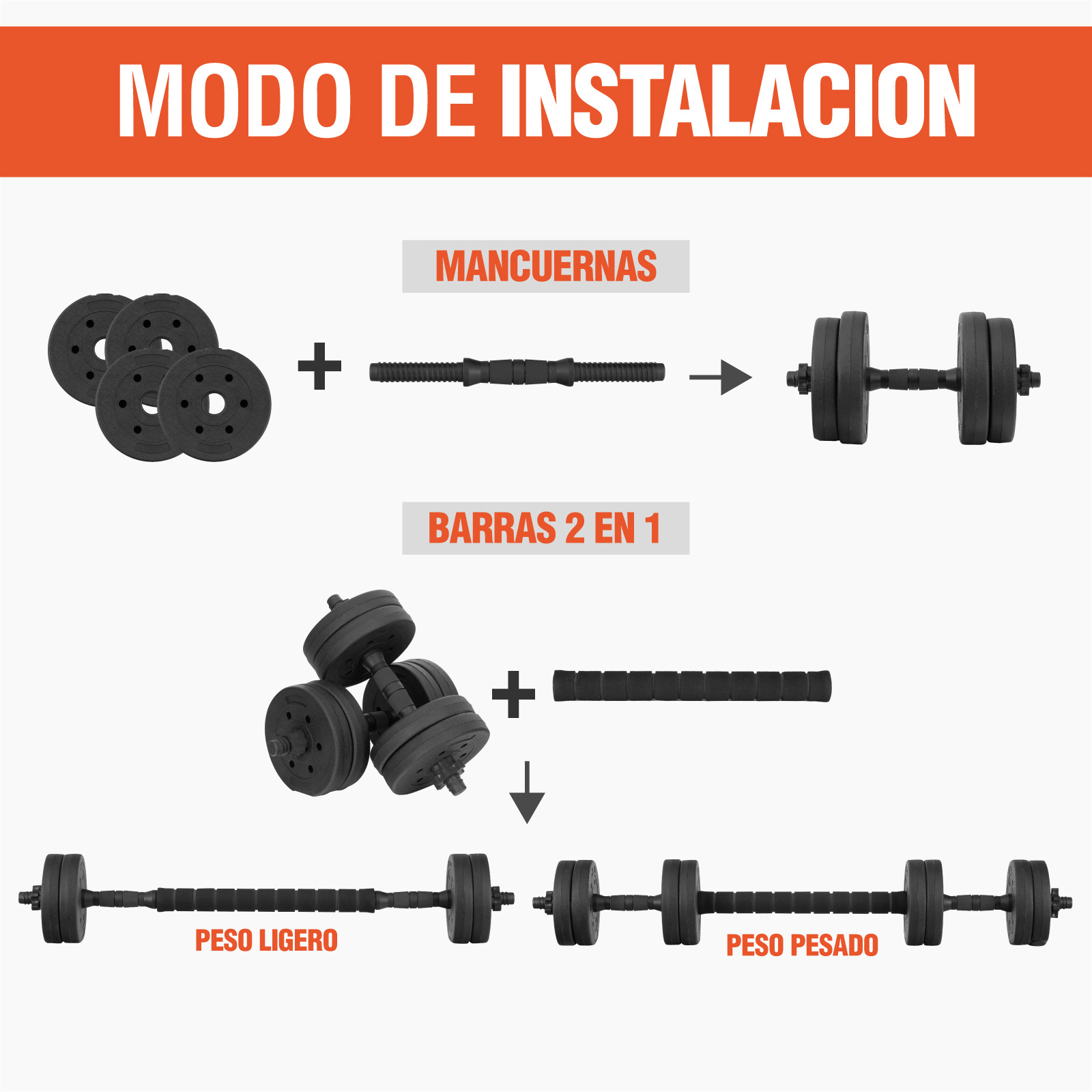 Set De Mancuernas Ajustables Barra Discos Pesas Ejercicio Color Negro
