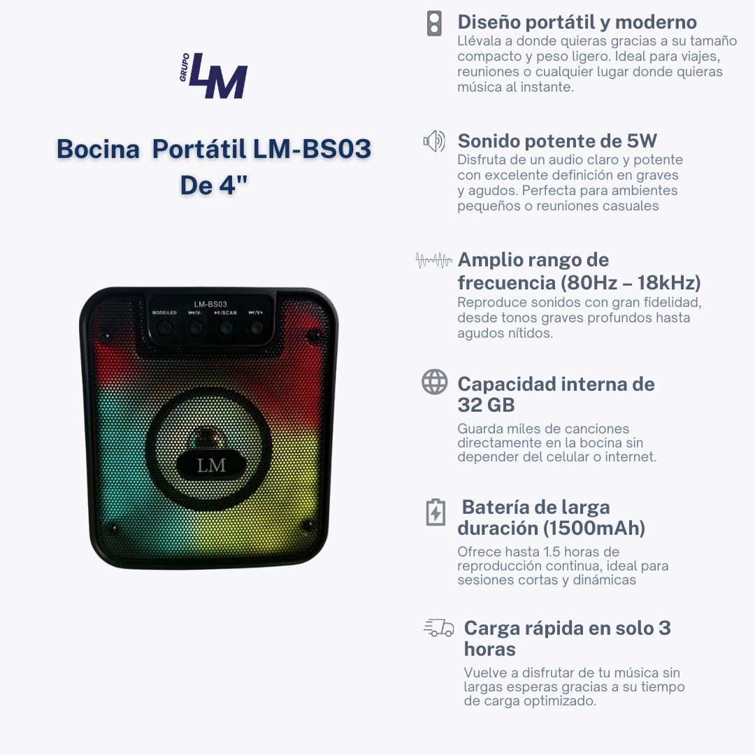 BOCINA PORTATIL LM BS03 CON LUZ .