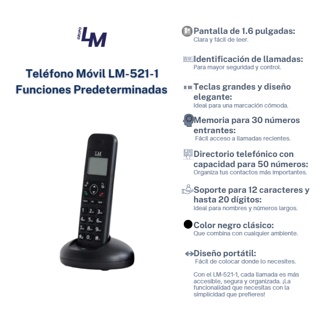 Teléfono Inalámbrico LM-521-1 Negro.