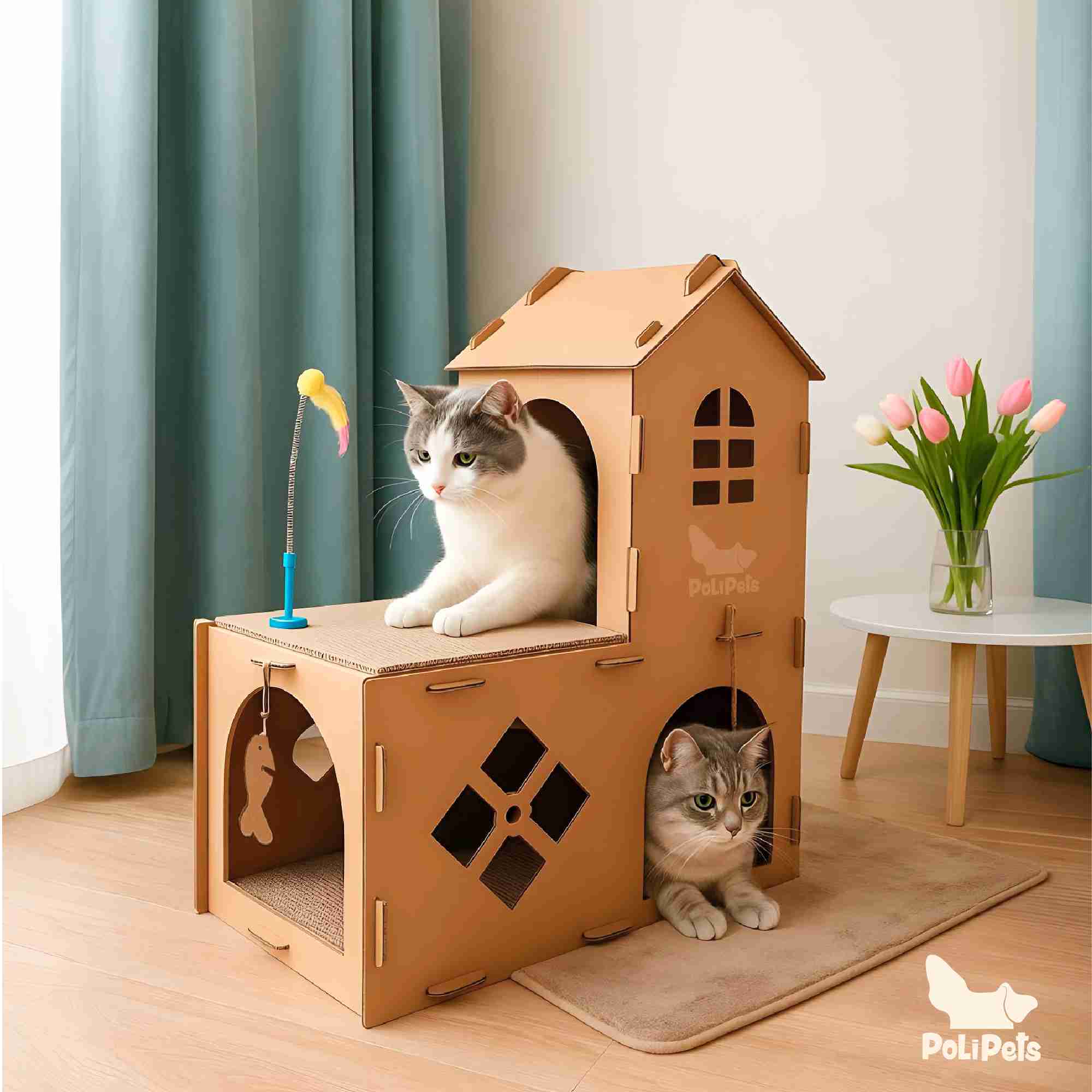 Casa de campo para gato con rascador 