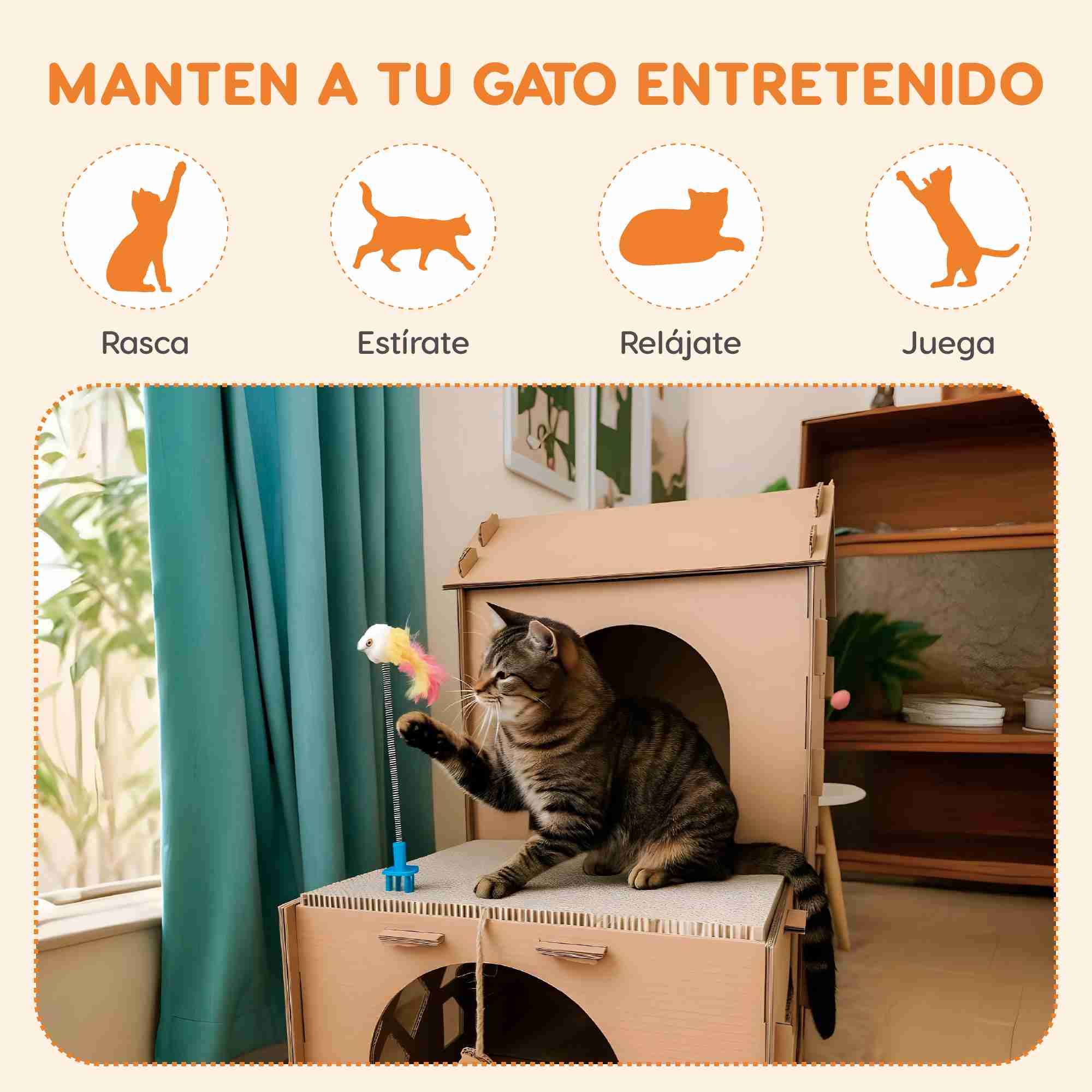 Casa de campo para gato con rascador 