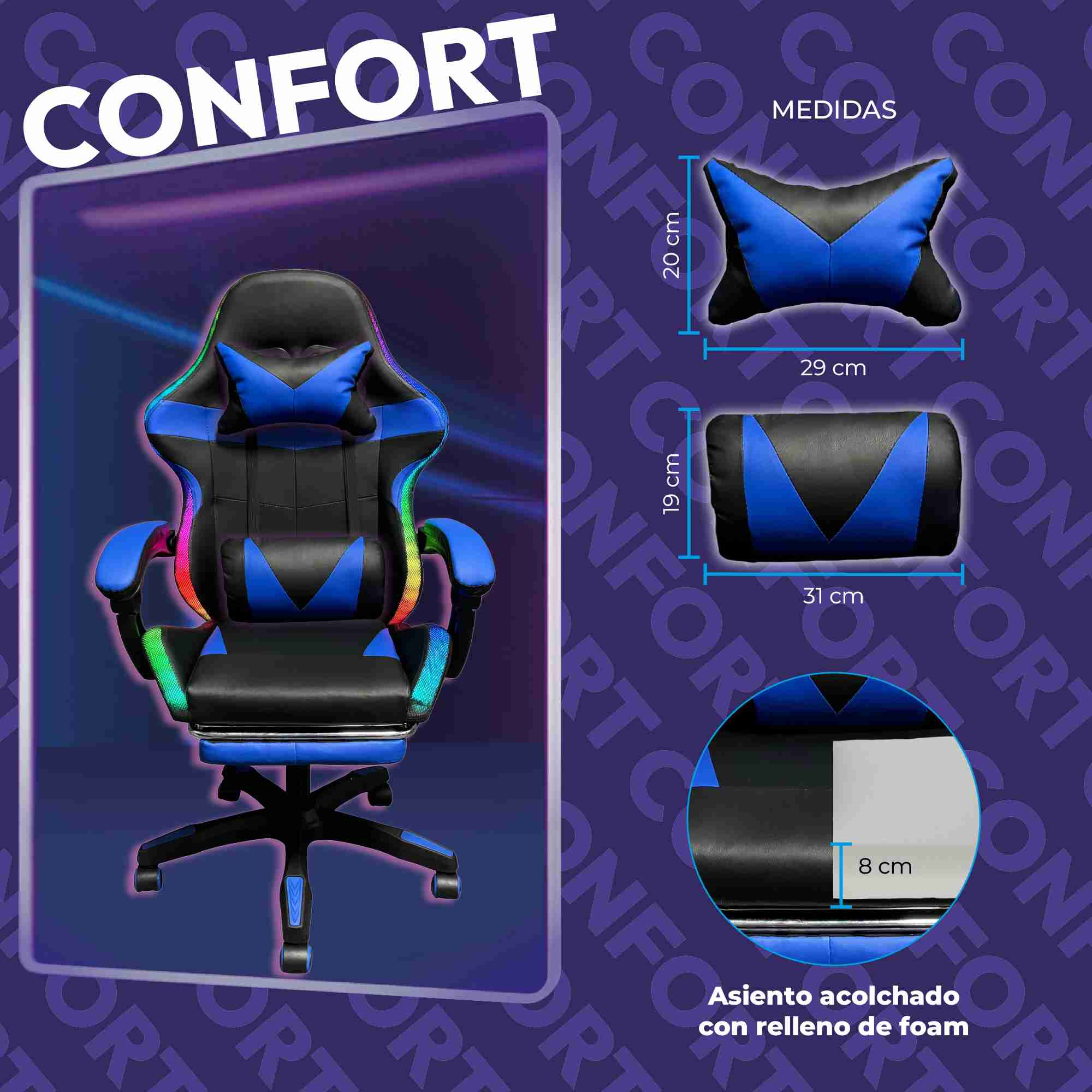 Silla Gaming con Reposapies y Luz LED Premium Gamer Azul