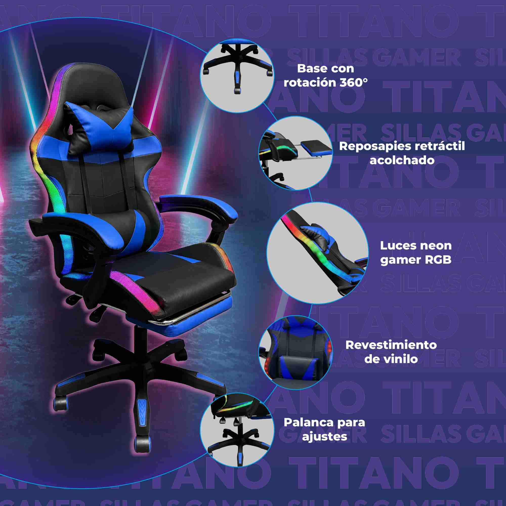 Silla Gaming con Reposapies y Luz LED Premium Gamer Azul