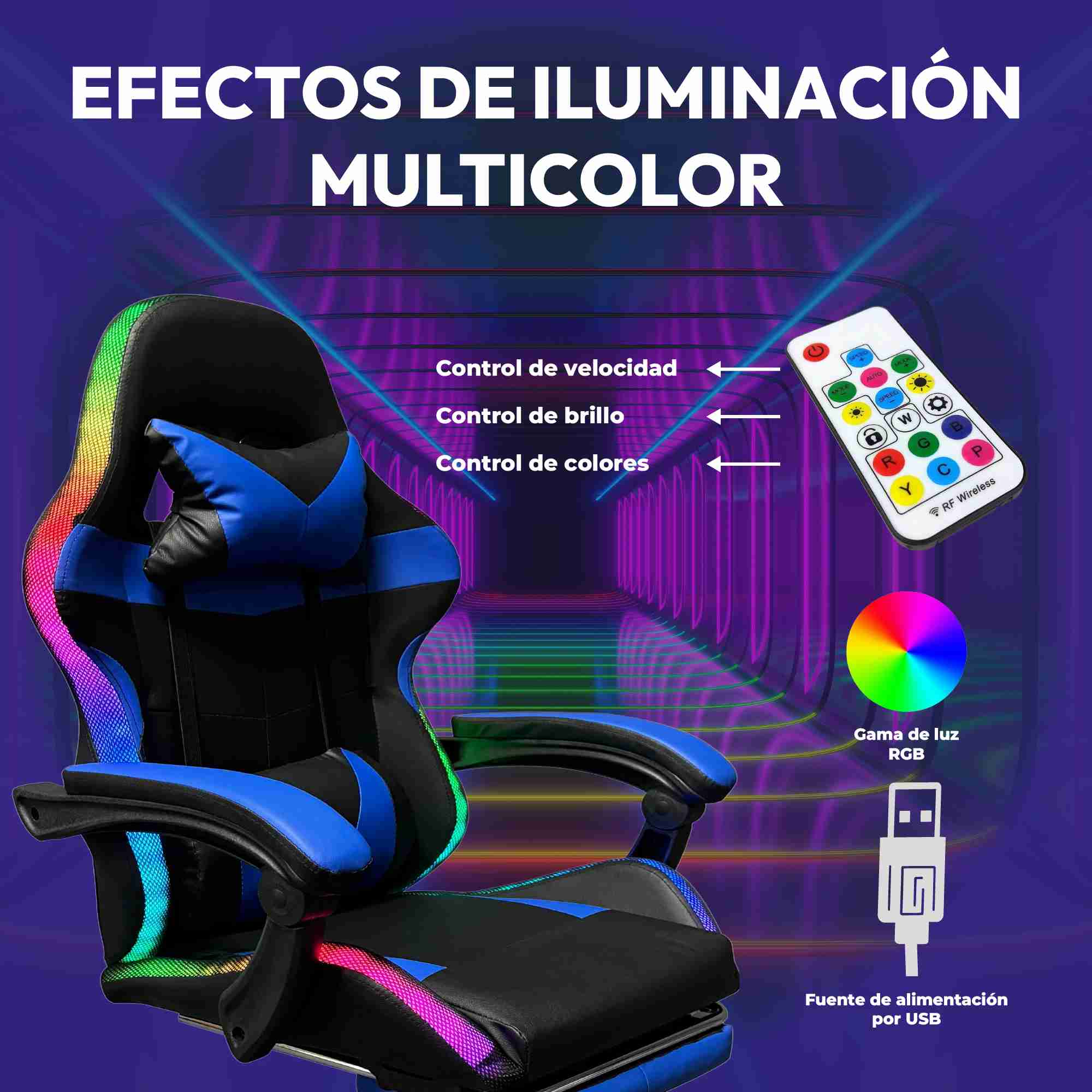 Silla Gaming con Reposapies y Luz LED Premium Gamer Azul
