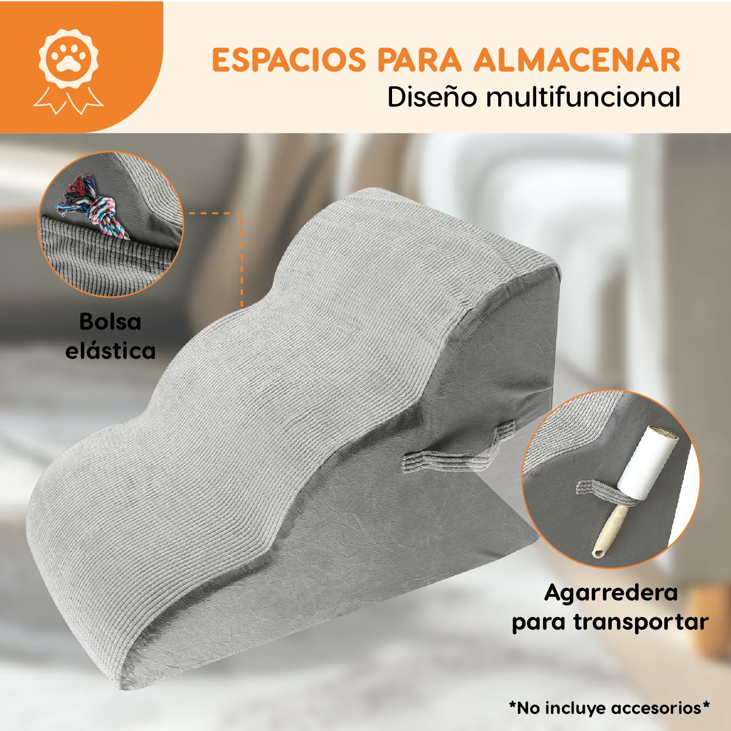 Escalera Afelpada 3 Pasos Para Perro Poli Pets Color Gris