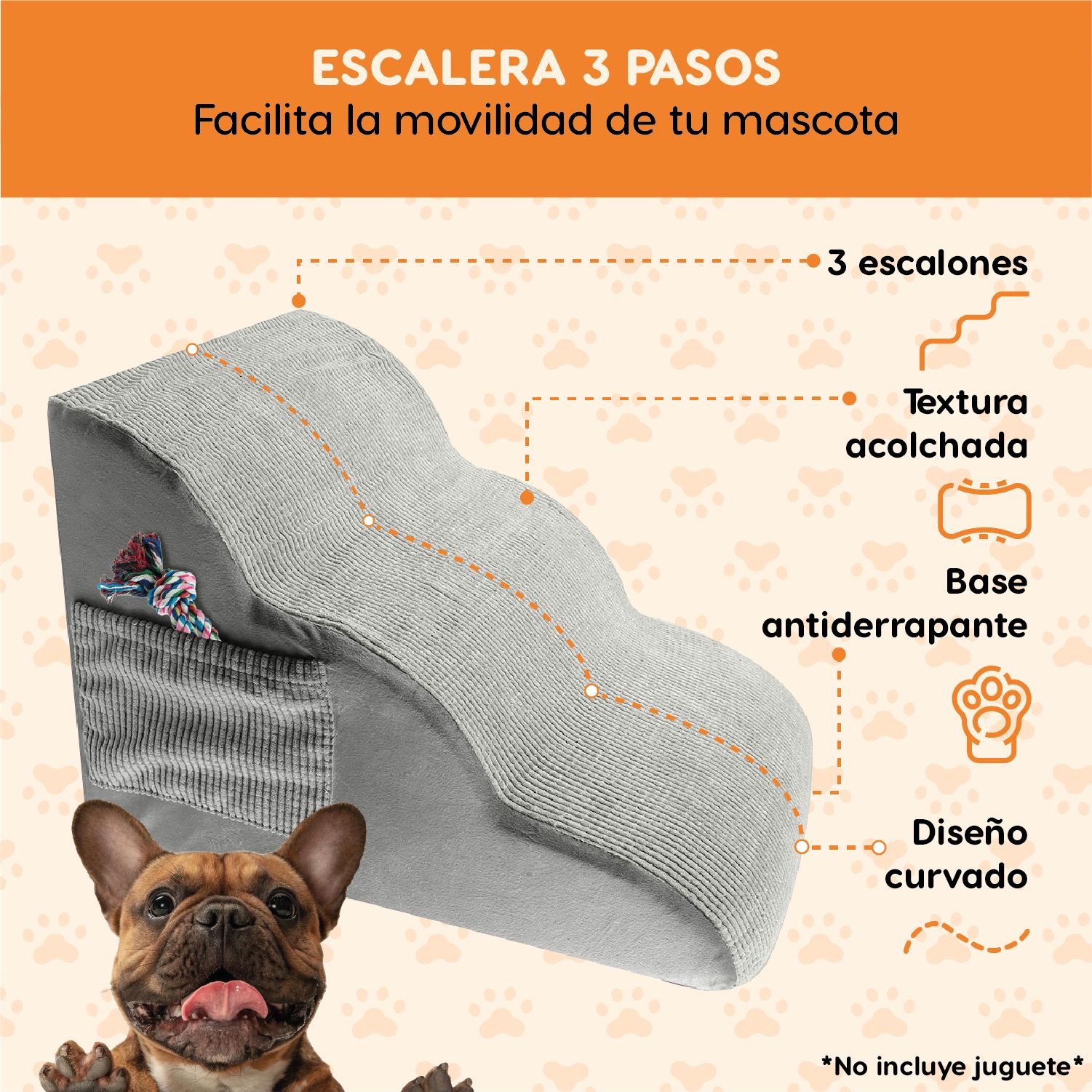 Escalera Afelpada 3 Pasos Para Perro Poli Pets Color Gris