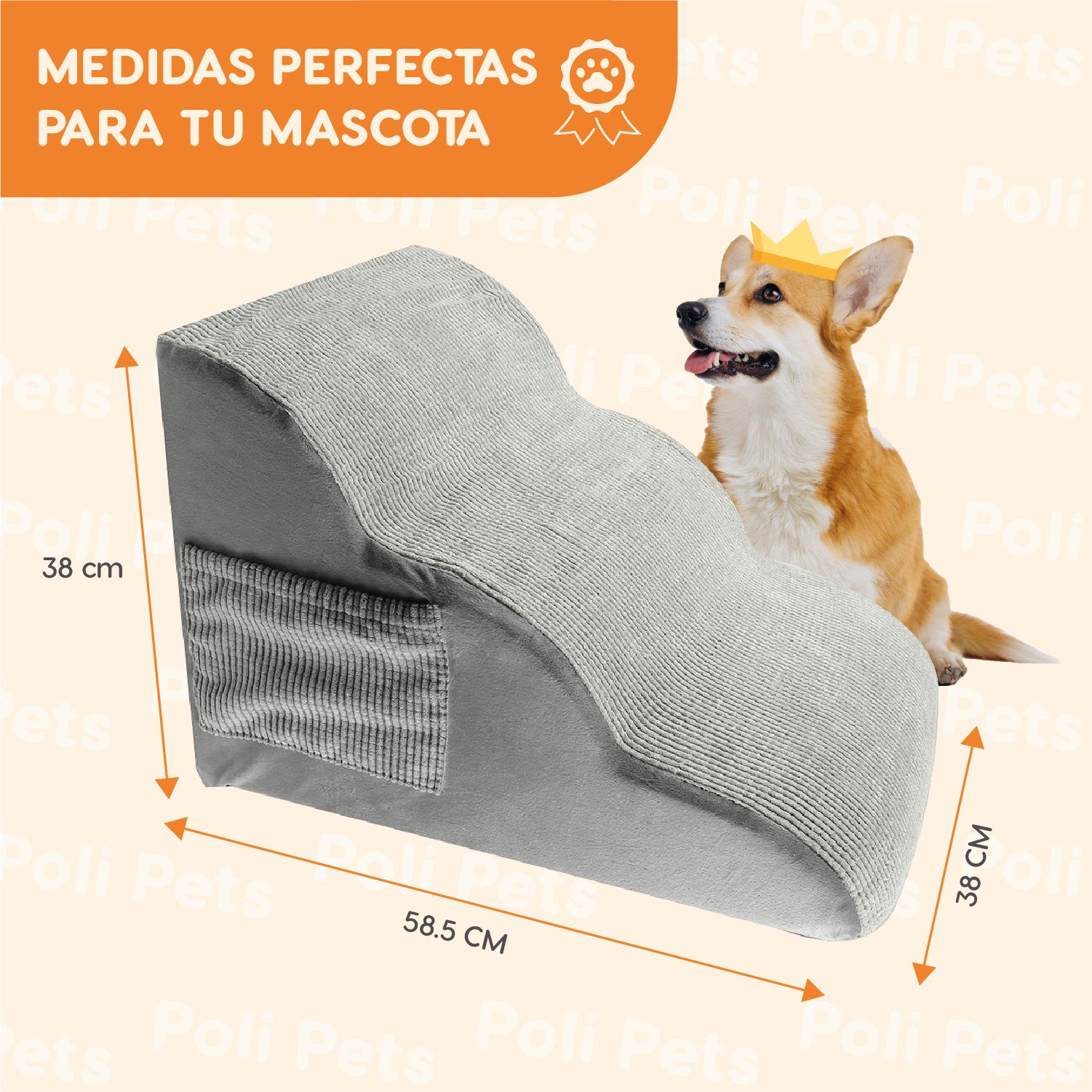 Escalera Afelpada 3 Pasos Para Perro Poli Pets Color Gris