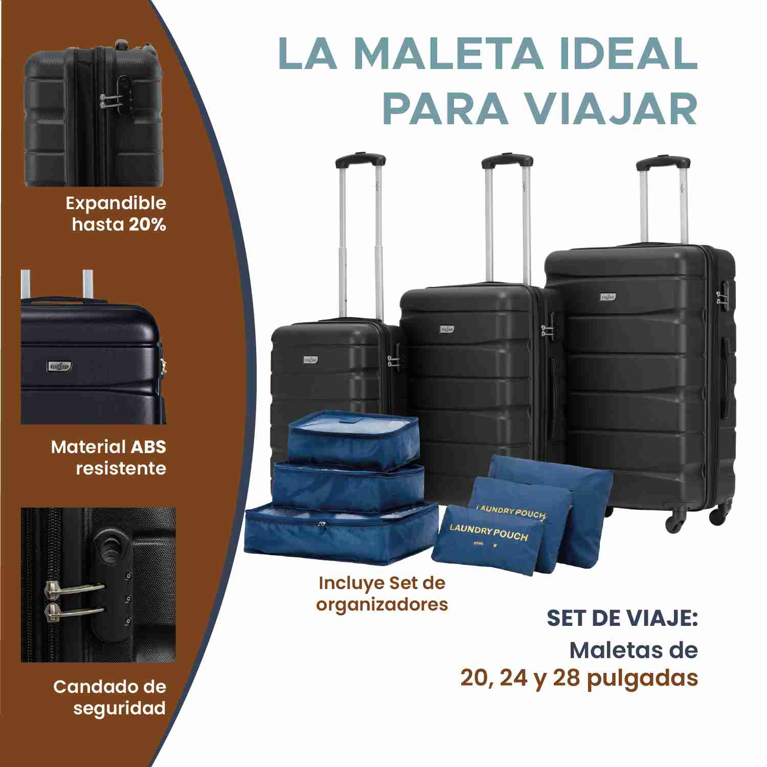 Set de 3 Maleta Fly & Trip Sidney 20, 24 y 28 Con 4 Ruedas Color Negro