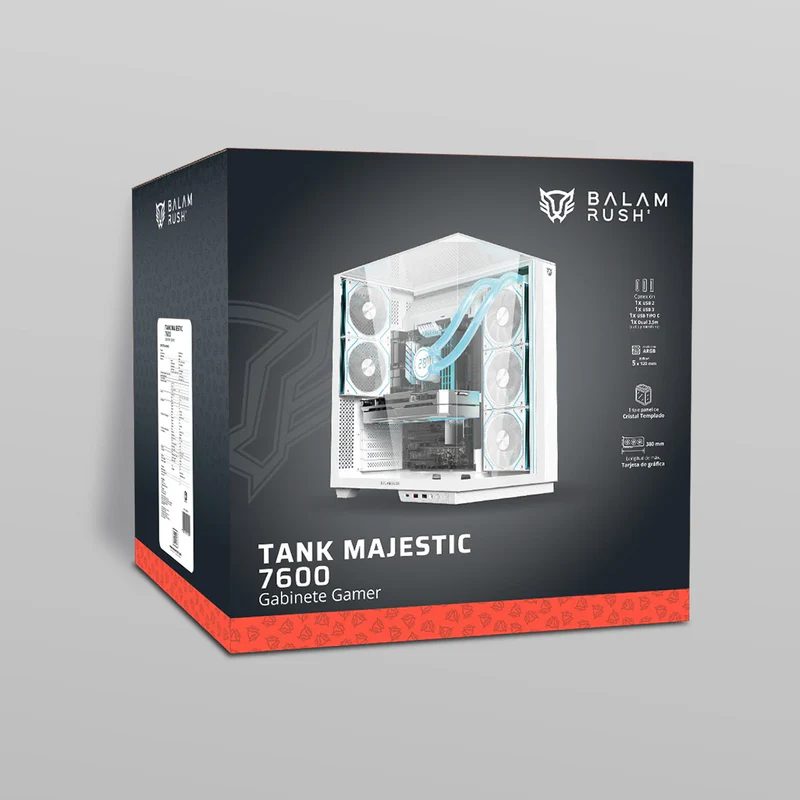 GABINETE BALAM RUSH TANK MAJESTIC 7600 BLANCO ATX USB-3.0 CRISTAL S/FUENTE BR-941501
