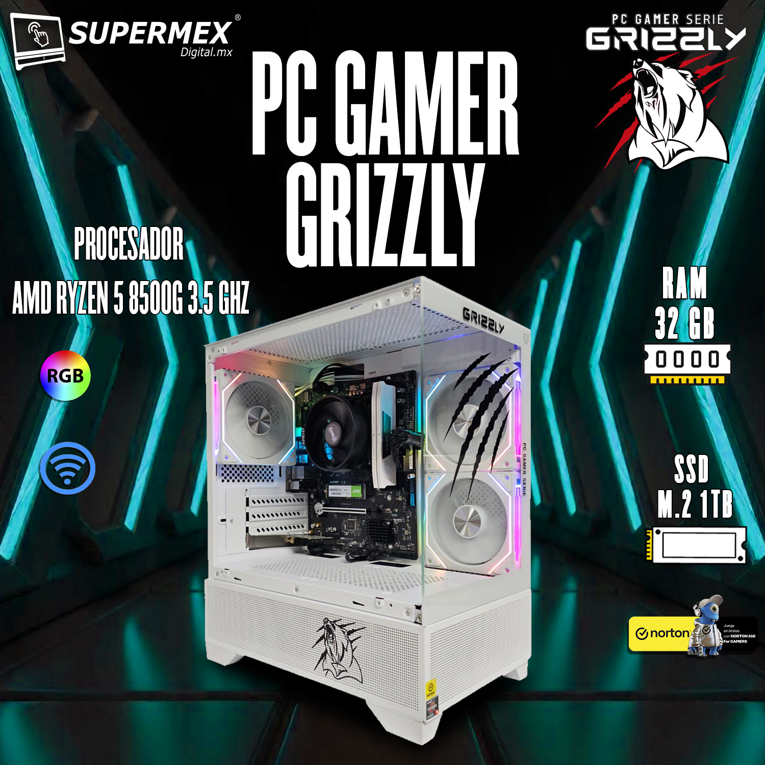 PC GAMER GRIZZLY AMD RYZEN 5 8500G 3.5GHZ 32GB M.2 1TB WIFI BT PG-AMD063