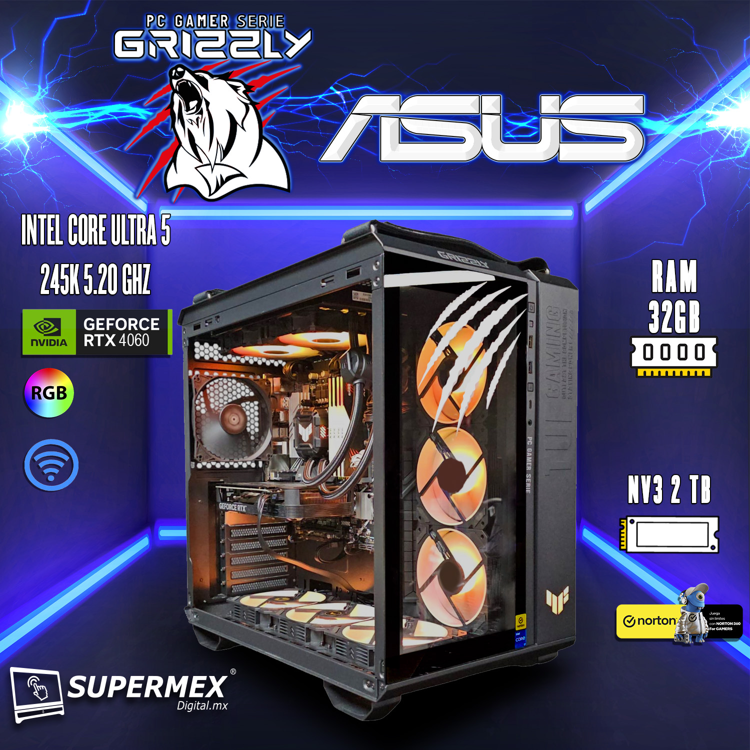 PC GAMER GRIZZLY ASUS EDITION INTEL CORE I7 12700F 4.9GHZ  RTX4060 32GB NVME 1TB WIFI BT PG-INTEL078