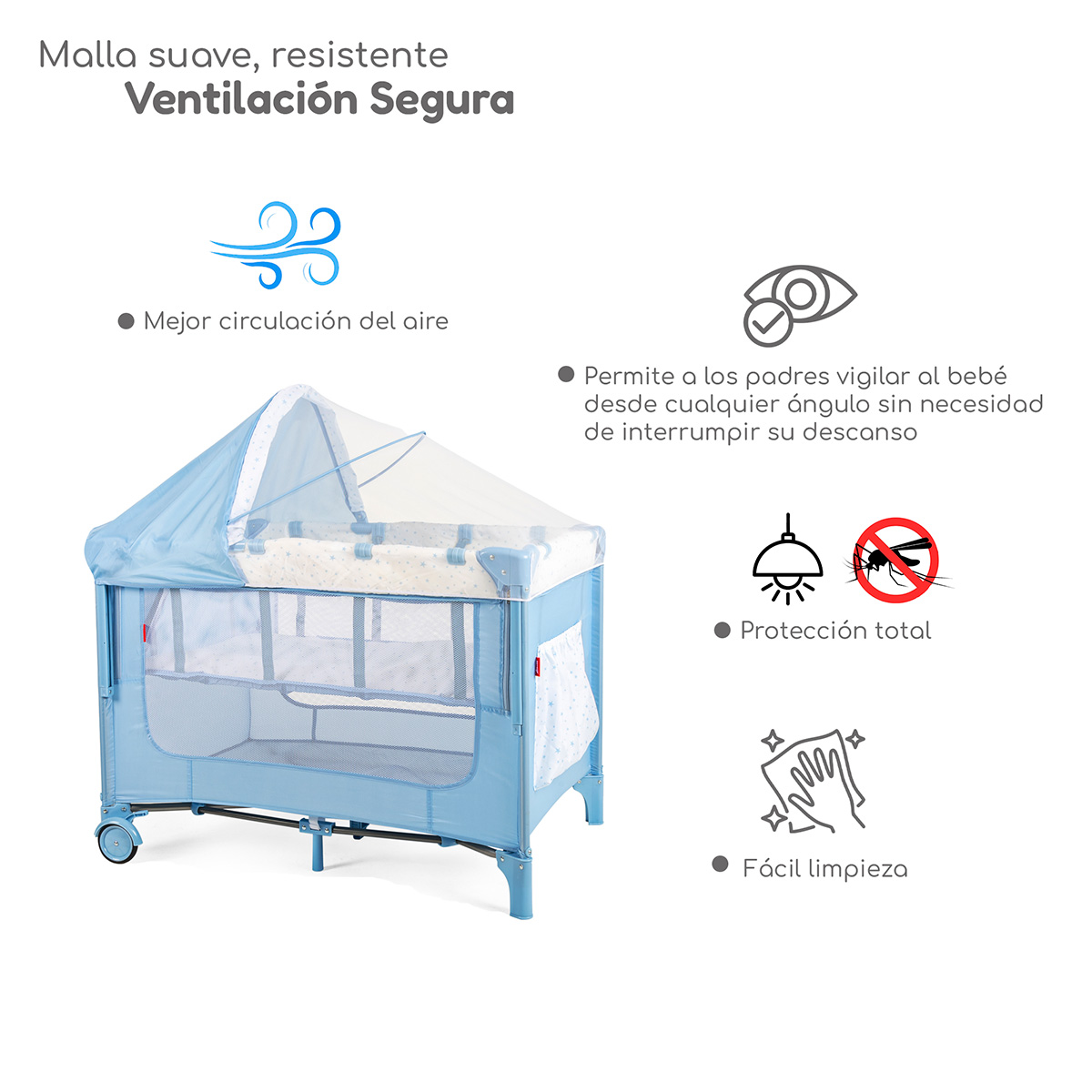 Cuna Corral Plegable con Cambiador y Dos Niveles Acolchonado D´Bebe Rest - Azul