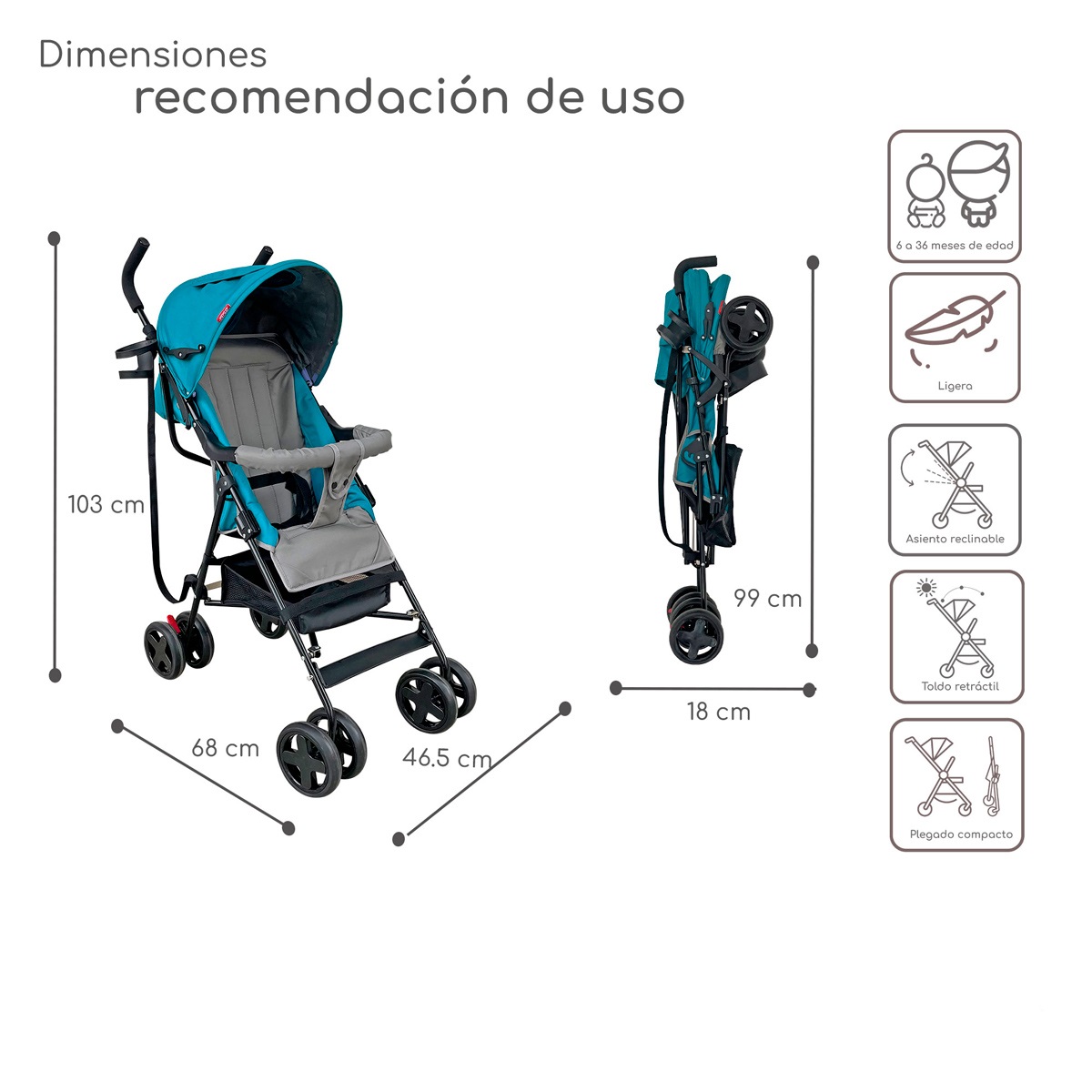 Carriola Plegable con Reclinado y Toldo para Bebé 6-36 Meses Carri D'Bebe - Jade