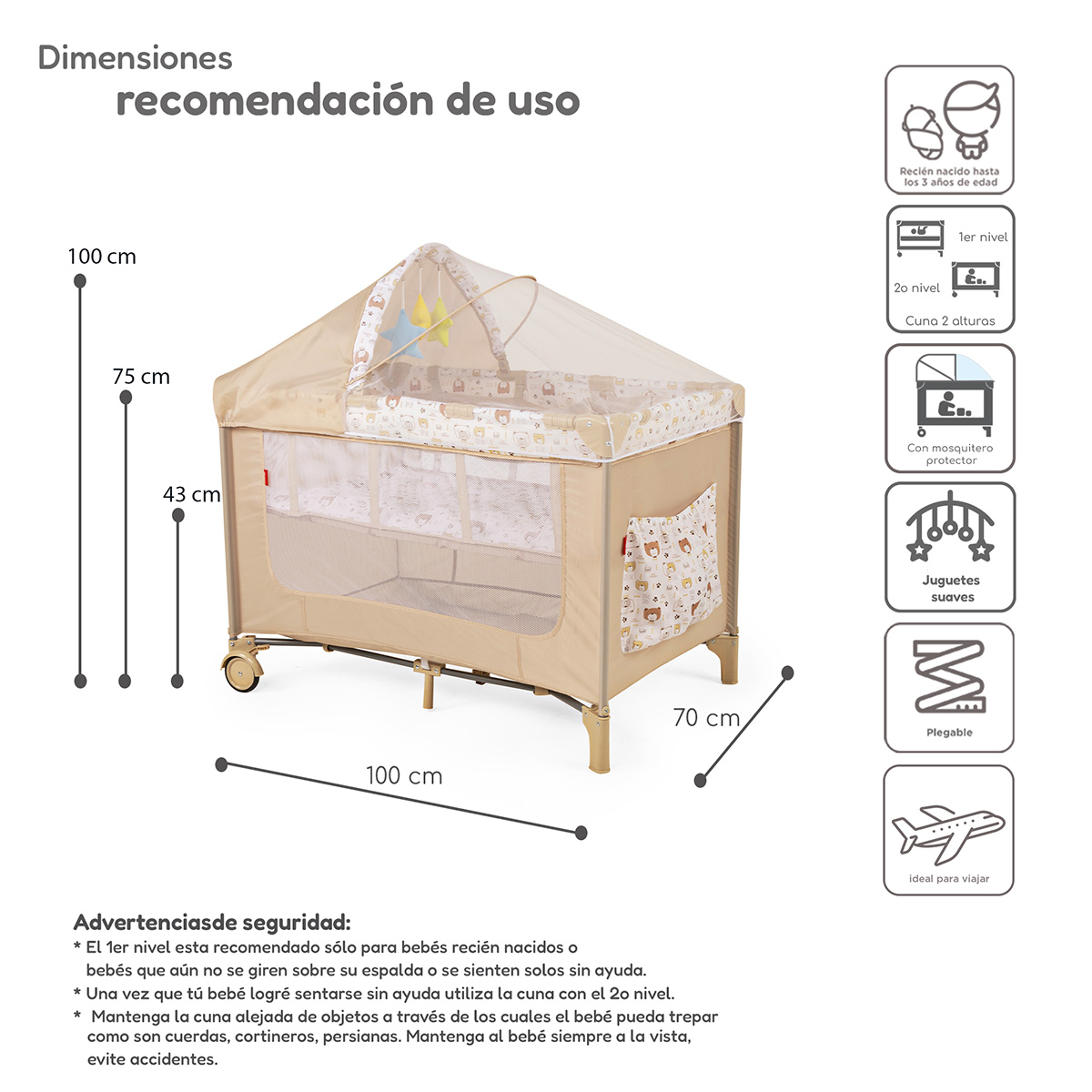 Cuna Corral Plegable con Cambiador y Dos Niveles Acolchonado D´Bebe Rest  - Beige