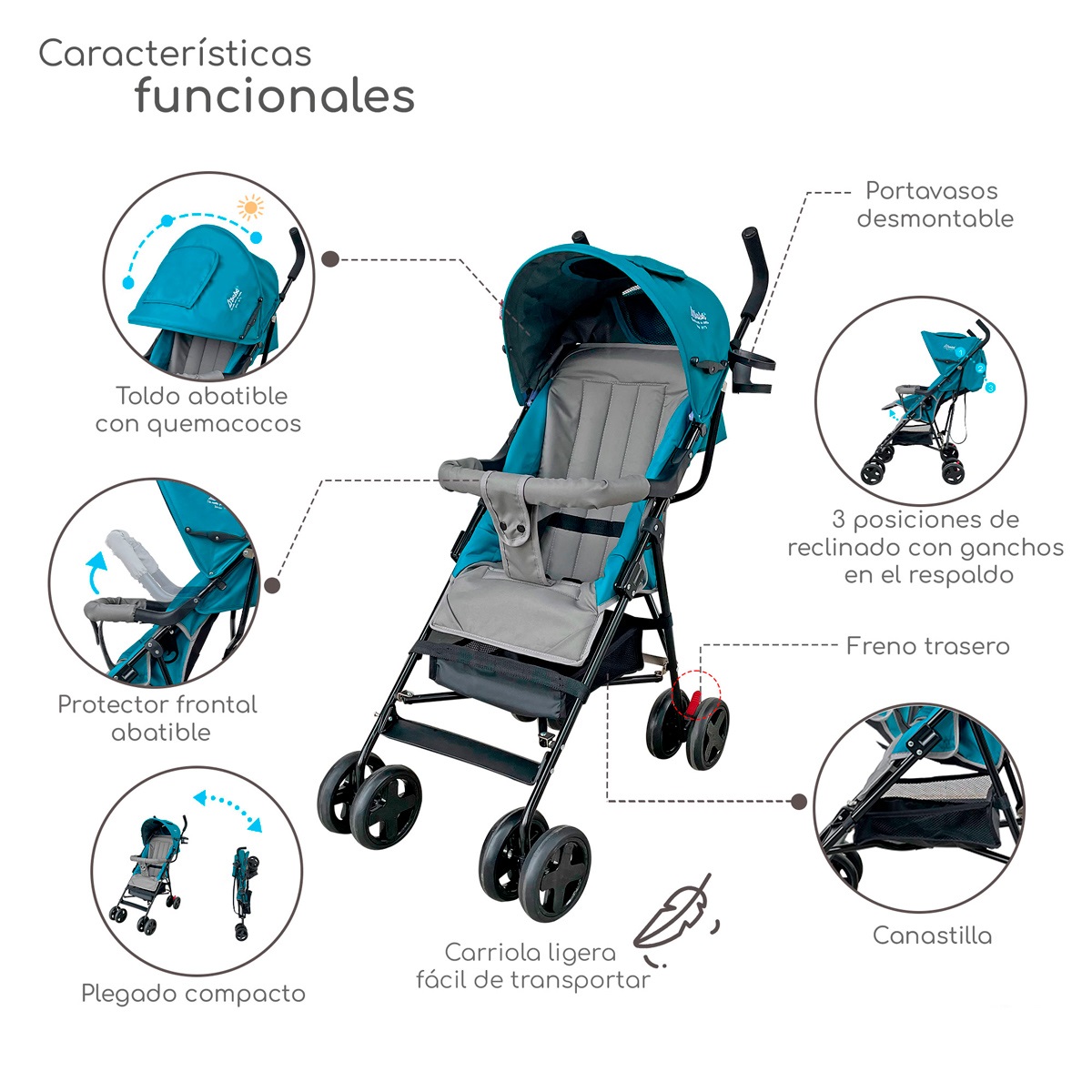 Carriola Plegable con Reclinado y Toldo para Bebé 6-36 Meses Carri D'Bebe - Jade
