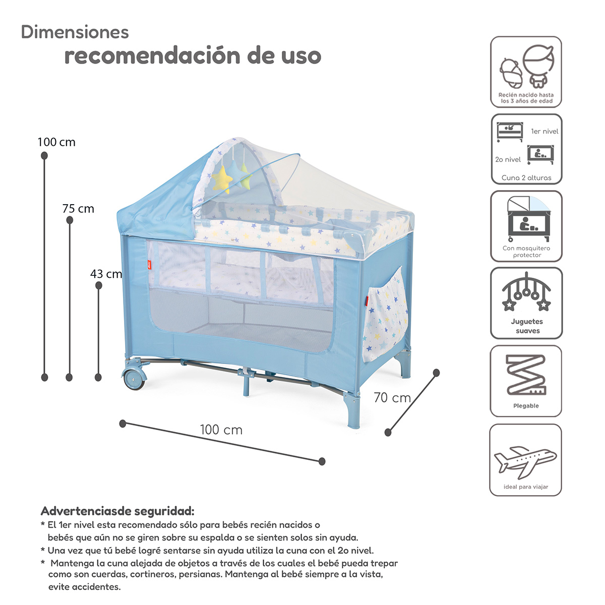 Cuna Corral Plegable con Cambiador y Dos Niveles Acolchonado D´Bebe Rest - Azul