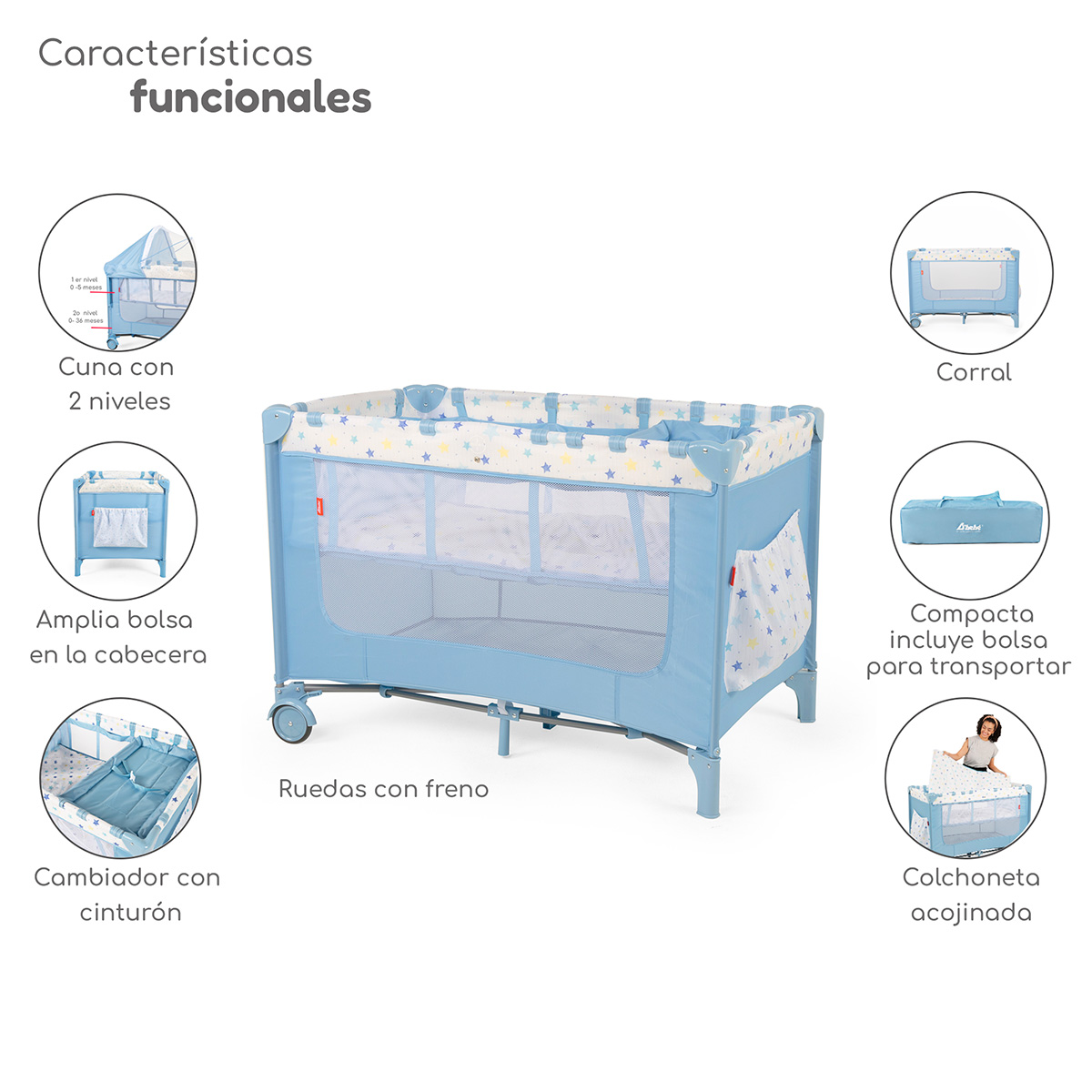 Cuna Corral Plegable con Cambiador y Dos Niveles Acolchonado D´Bebe Rest - Azul