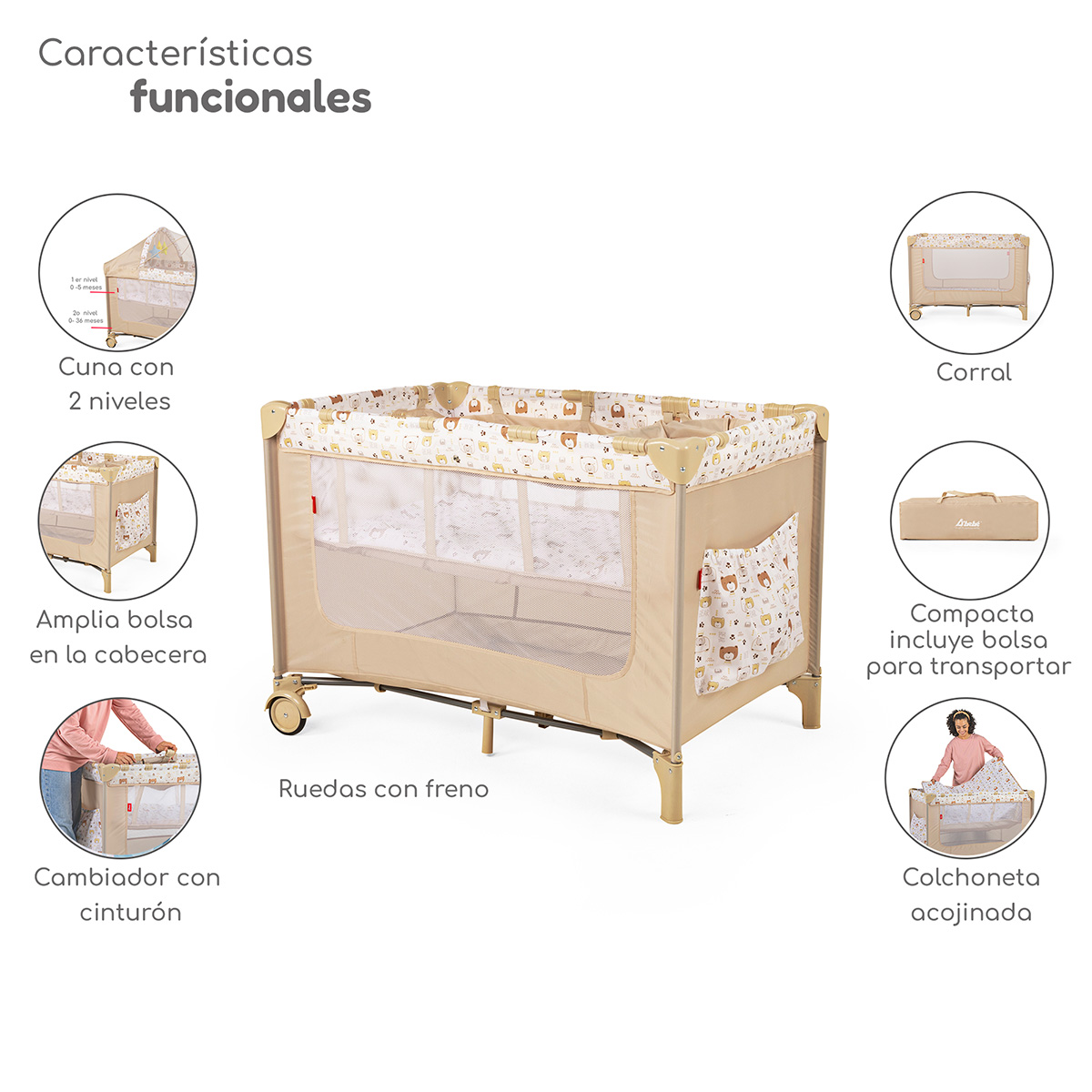 Cuna Corral Plegable con Cambiador y Dos Niveles Acolchonado D´Bebe Rest  - Beige