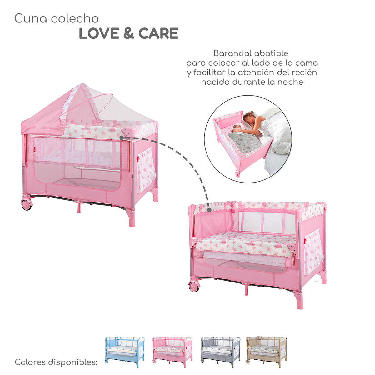 Cuna Colecho D’Bebé con 2 Niveles Mosquitero Acolchonado para 0 hasta los 36 meses Capota y Ruedas con Freno - Rosa