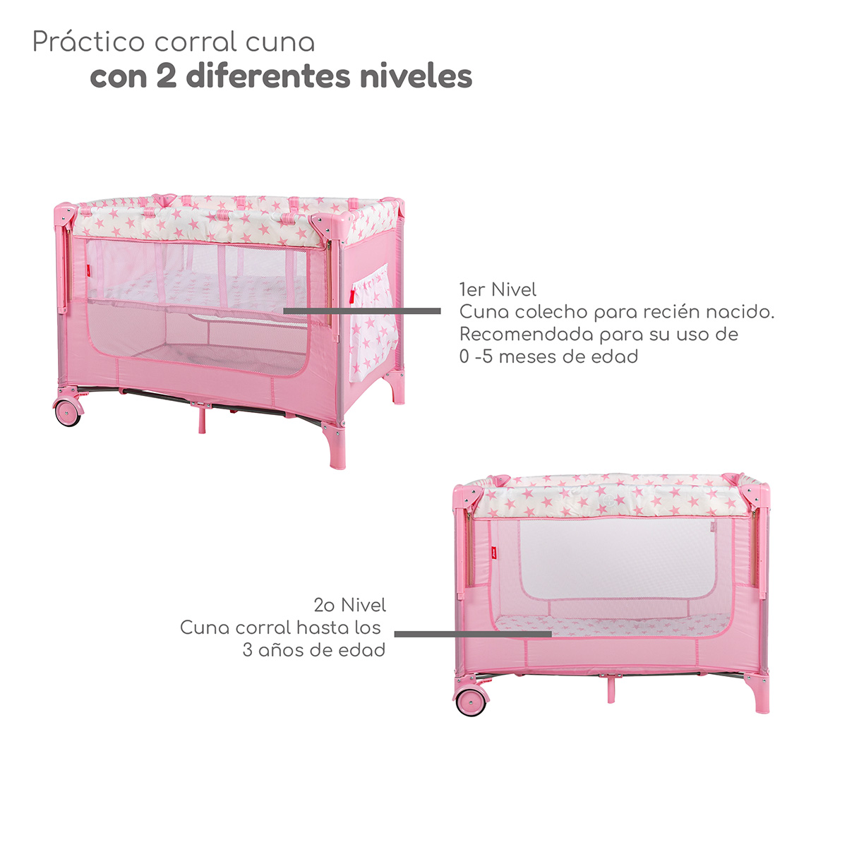 Cuna Colecho D’Bebé con 2 Niveles Mosquitero Acolchonado para 0 hasta los 36 meses Capota y Ruedas con Freno - Rosa