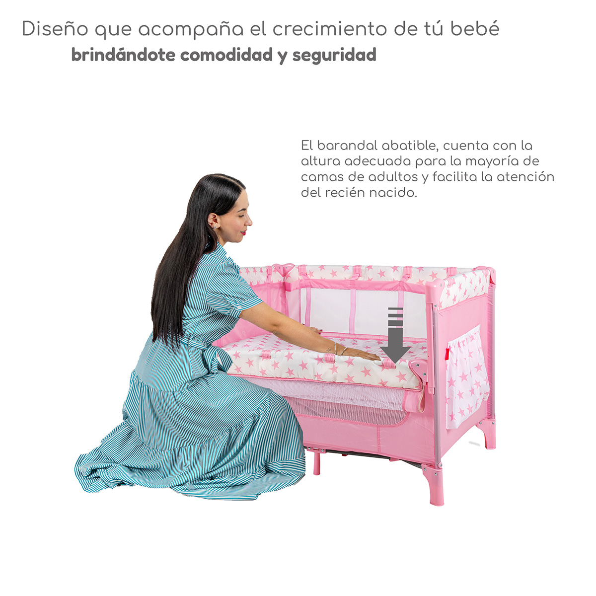 Cuna Colecho D’Bebé con 2 Niveles Mosquitero Acolchonado para 0 hasta los 36 meses Capota y Ruedas con Freno - Rosa