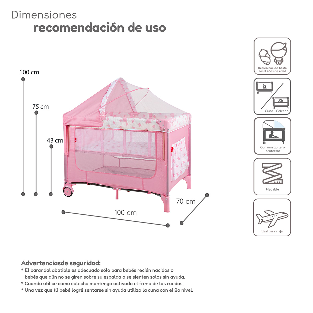 Cuna Colecho D’Bebé con 2 Niveles Mosquitero Acolchonado para 0 hasta los 36 meses Capota y Ruedas con Freno - Rosa
