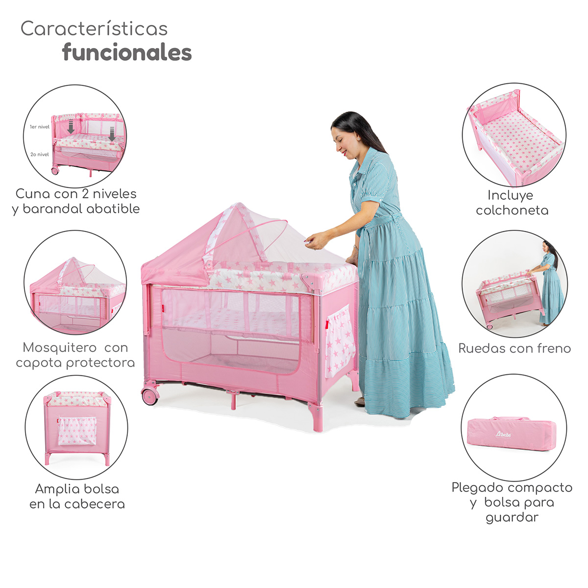 Cuna Colecho D’Bebé con 2 Niveles Mosquitero Acolchonado para 0 hasta los 36 meses Capota y Ruedas con Freno - Rosa