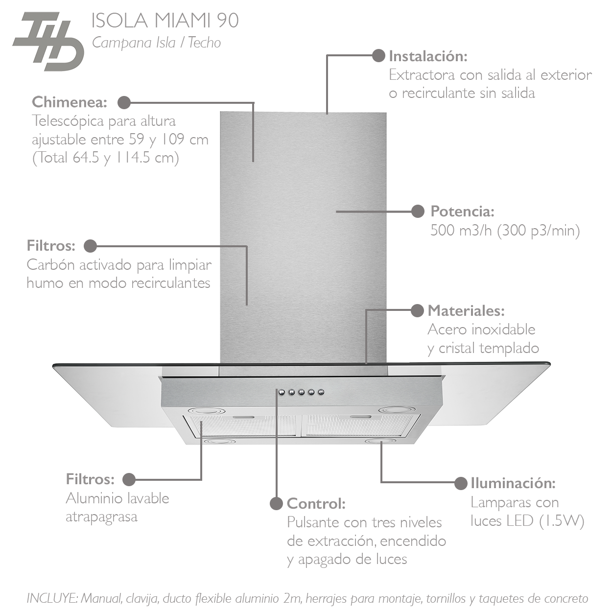 Campana de Cocina para Isla IHD ISOLA MIAMI 90 de 90 cm en Acero Inoxidable y  Cristal Plano