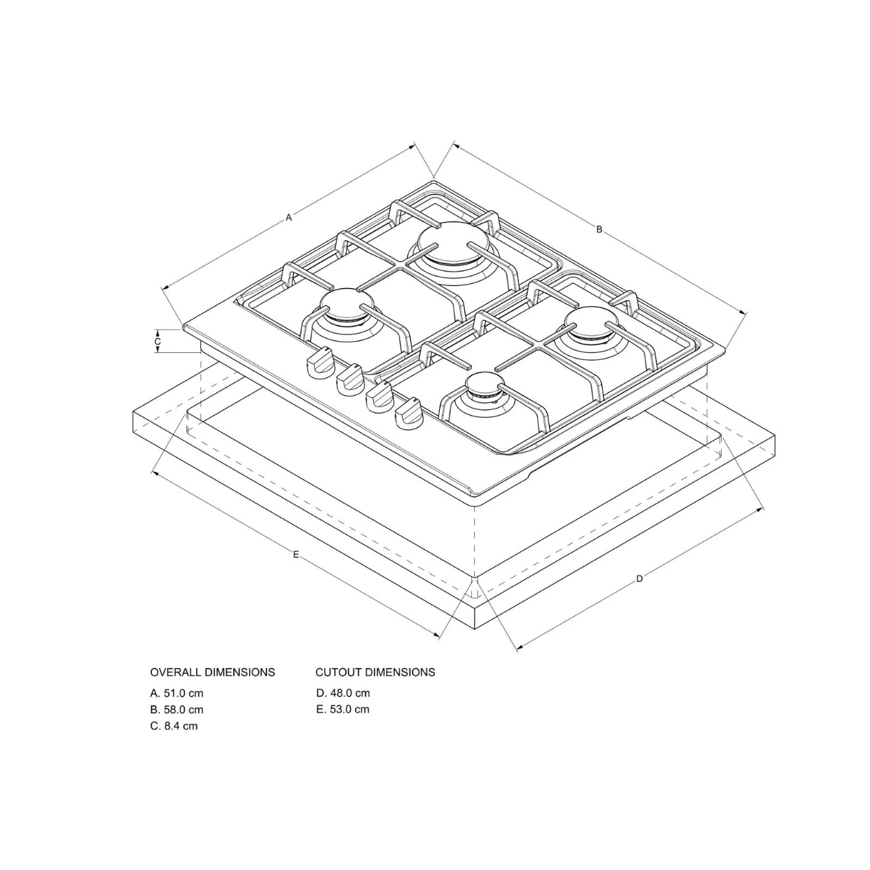Parrilla Gas Empotre Whirlpool WP2420S 58 cm 4 Quemadores Acero Inox