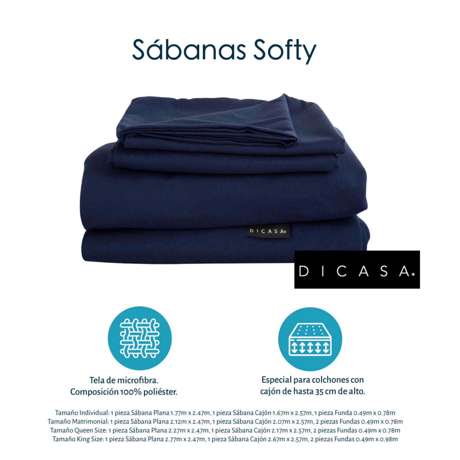 Combo Sábanas Softy Queen Size Azul Marino + 2 Almohadas One