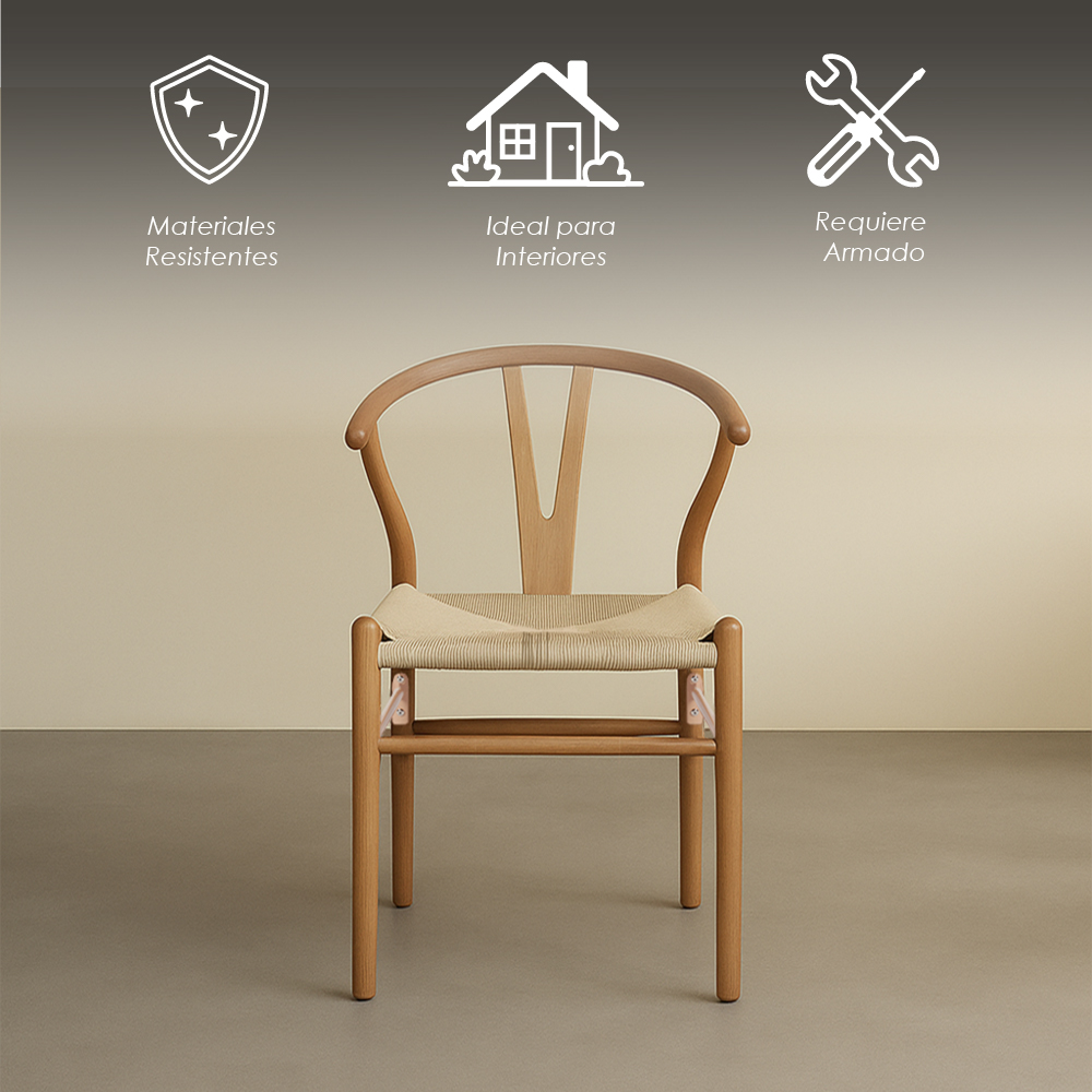 Ilios Innova | Set 2 Sillas de Comedor con estructura de madera de haya y asiento de cuerda de papel tejido minimalista