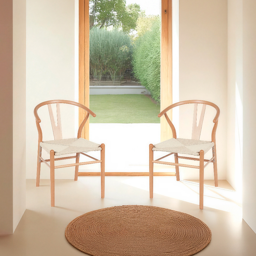 Ilios Innova | Set 2 Sillas de Comedor con estructura de madera de haya y asiento de cuerda de papel tejido minimalista