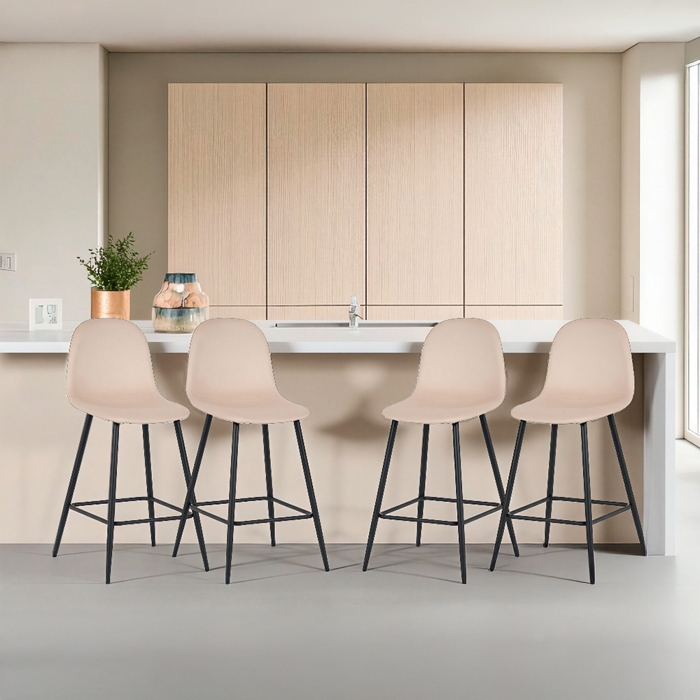 Ilios Innova | Set de 4 Sillas Altas de Bar Candina Beige con Estructura Metálica Negra, Diseño Moderno para Cocina