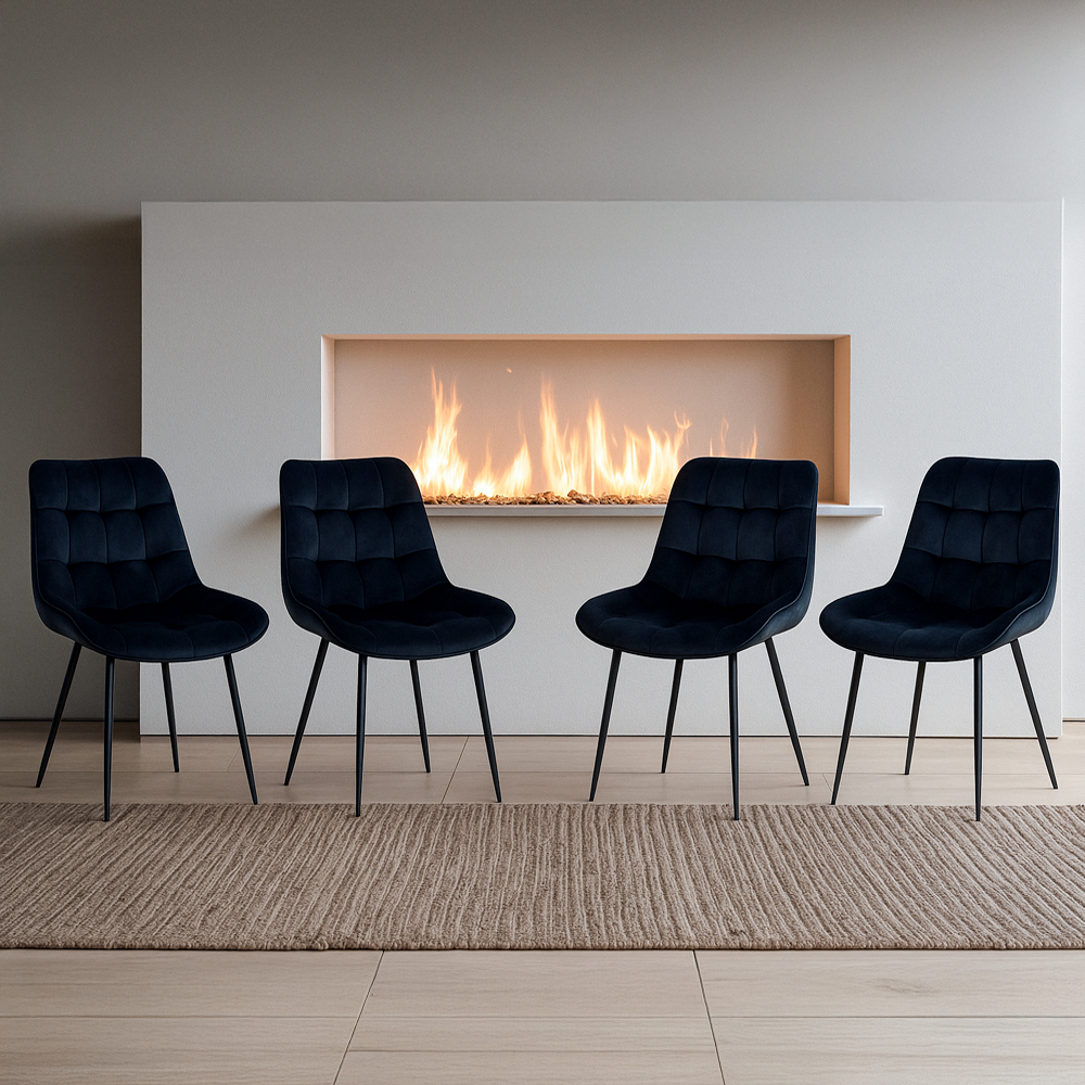 Ilios Innova | Paquete de 4 Sillas de Comedor Lar Tapizadas en Terciopelo Color Negro. Diseño Moderno y Minimalista