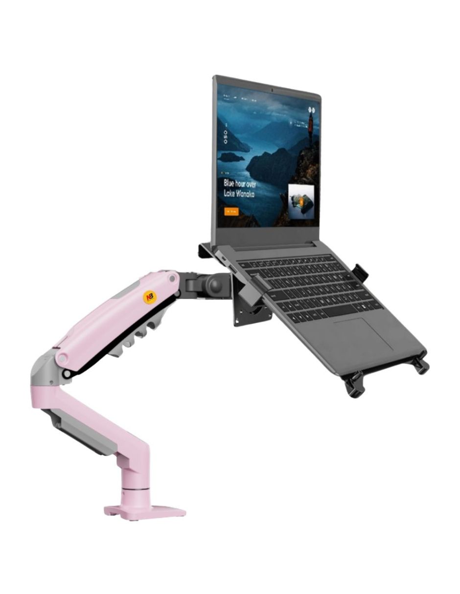 Kit Soporte Dual NB para Monitor 17”-30” y Laptop 10”-17” Rosa – Brazo Ajustable 360° con Bandeja Metálica